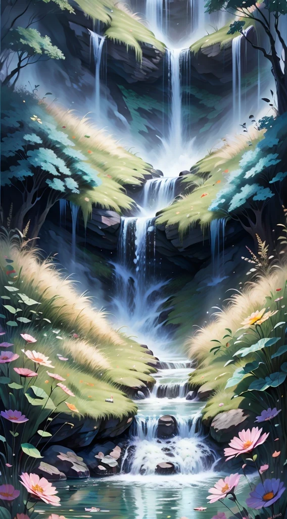 Beautiful majestic fall flowing through Dense vegetation, vibrant flowers, Butterfly dancing in the air, sparkling water splash, peaceful natural landscape ,fall,flowing water,Dense vegetation,vibrant flowers,Butterfly,peaceful scenery,best quality,4k,8k,high resolution,masterpiece:1.2,super detailed,actual:1.37,high dynamic range,ultra high definition,studio lighting,extremely detailed description,professional,bright colors