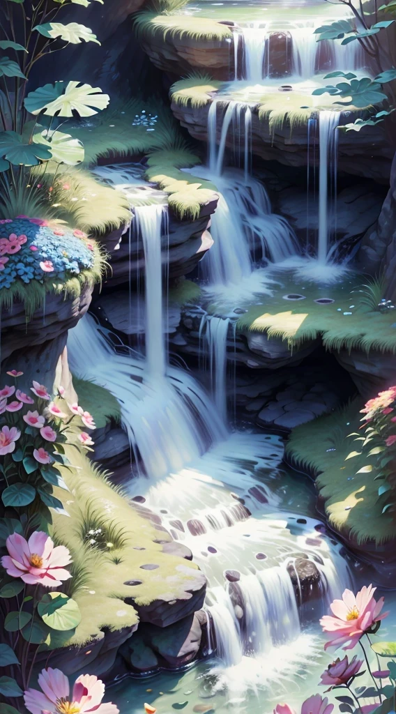 Beautiful majestic fall flowing through Dense vegetation, vibrant flowers, Butterfly dancing in the air, sparkling water splash, peaceful natural landscape ,fall,flowing water,Dense vegetation,vibrant flowers,Butterfly,peaceful scenery,best quality,4k,8k,high resolution,masterpiece:1.2,super detailed,actual:1.37,high dynamic range,ultra high definition,studio lighting,extremely detailed description,professional,bright colors