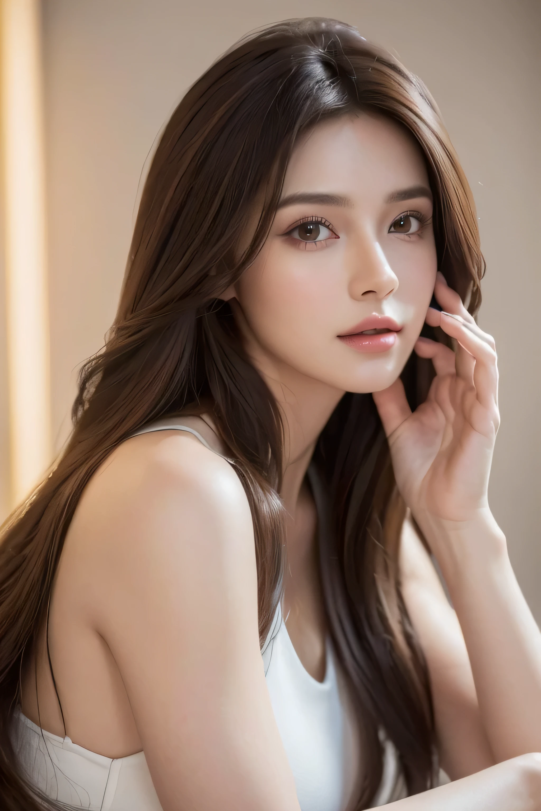 (best quality,4k,8k,highres,masterpiece:1.2),ultra-detailed,(realistic,photorealistic,photo-realistic:1.37),photography,professional,vivid colors,portrait,brunette hair,long flowing hair,doing advertisement for a brand,28 years old,photoshoot,artistic composition,soft lighting,medium:oil painting,advertisement,holding Skin Brightening Cream