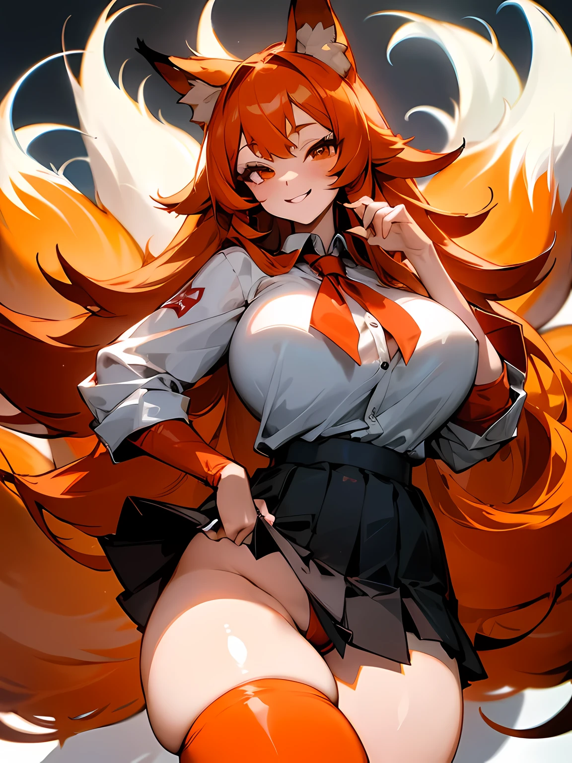 1 girl, long ginger hair, fox ears, only fox ears, crimson eyes, detailed deep eyes, detailed face, huge breasts, sexy and seductive, wearing school uniform, skirt, tall, long nine fox tails, thicc thighs, wide hips, smile, horny, absurdes, high res, ultra sharp, 8k, masterpiece, looking at viewer