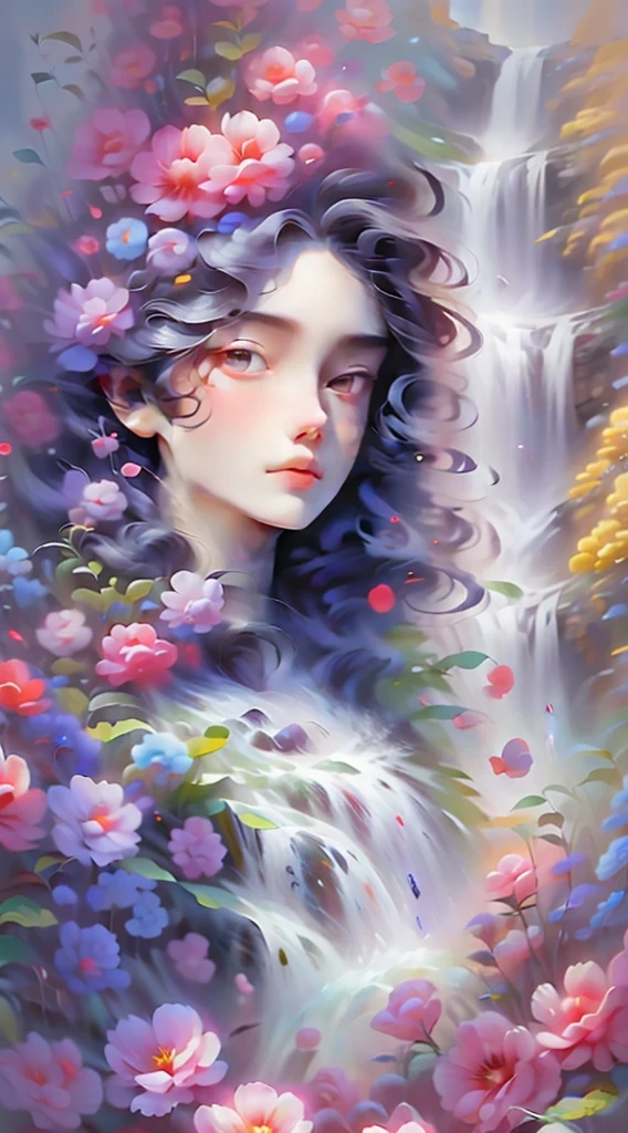 best quality,4k,high resolution,masterpiece:1.2,super detailed,actual:1.37,girl hit by fall,portrait,fall,Lush greenery and colorful flowers,flowing water,soak,wet hair,sparkling water droplets,beautiful and delicate eyes,beautiful and delicate lips,water splash,Emerald Pool,Dynamic movement,vitality,Calm expression,,ethereal lights,bright colors,contrast,Refreshing,unforgettable moments,close up,time freeze,emotional,Poetic,photography