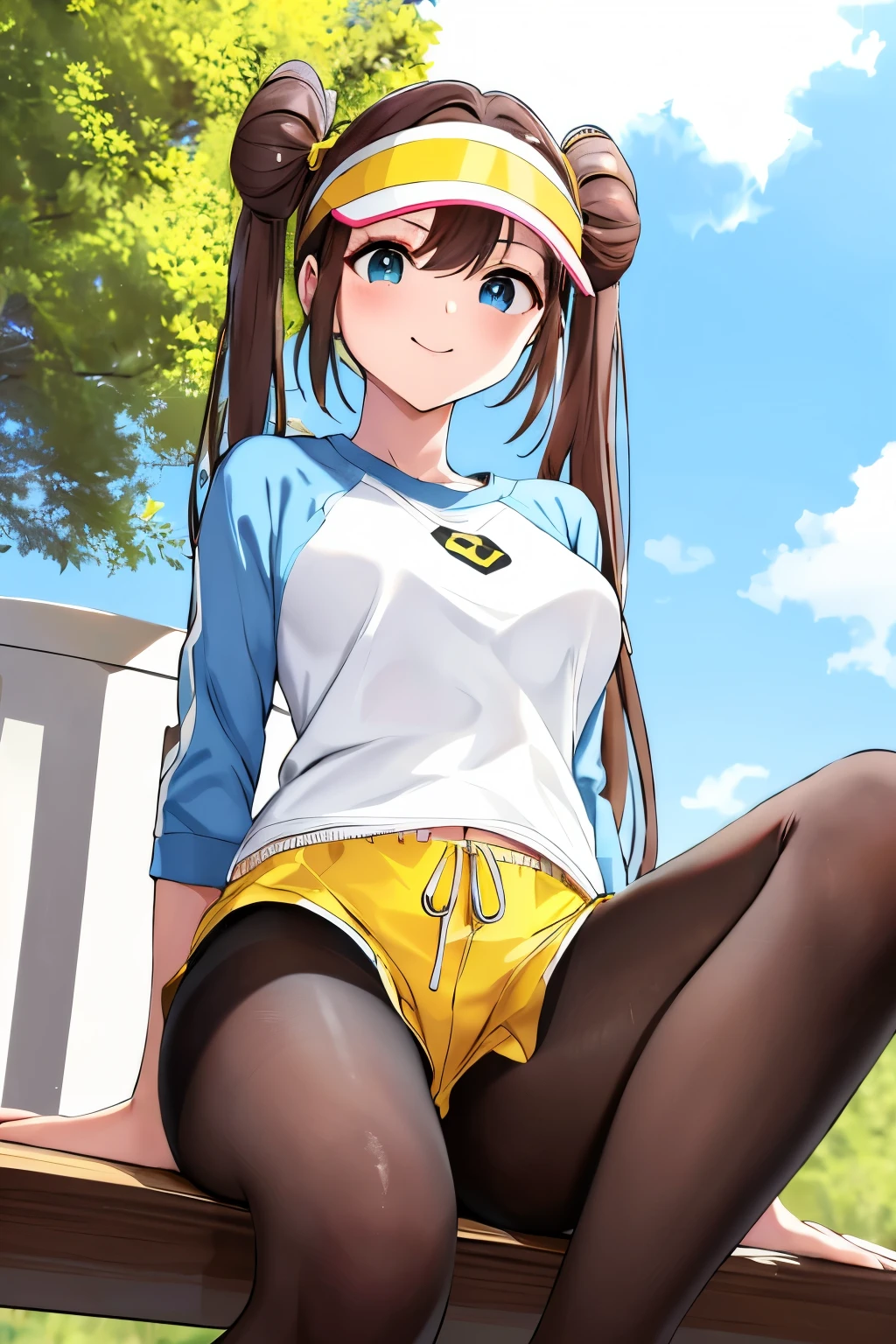 table top、highest quality、High resolution、1 girl、low length、thin、shy smile、brown hair, bun hair, blue eyes, long twin tails, visor cap,( black tights), raglan sleeves, yellow shorts,shirt, pink ribbon, clock、outdoors、A photo of the subject viewed from below、tits、((loose-fitting shorts、loose shorts、white Panties are visible through the gap between the yellow shorts、white panties, black pantyhose))、raise one knee、super perspective、wide shot、sitting with legs spread