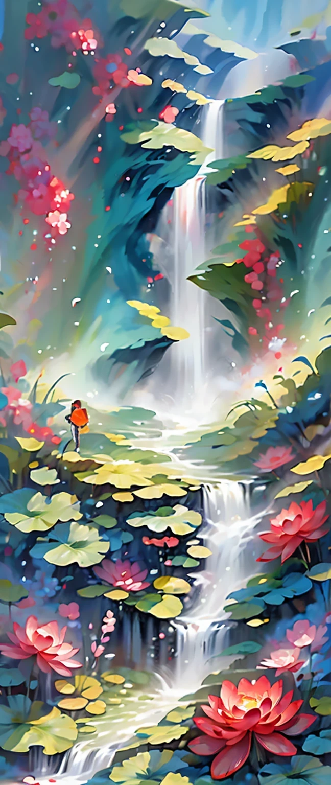 best quality,4k,high resolution,masterpiece:1.2,super detailed,actual:1.37,girl hit by fall,portrait,fall,Lush greenery and colorful flowers,flowing water,soak,wet hair,sparkling water droplets,beautiful and delicate eyes,beautiful and delicate lips,water splash,Emerald Pool,Dynamic movement,vitality,Calm expression,,ethereal lights,bright colors,contrast,Refreshing,unforgettable moments,close up,time freeze,emotional,Poetic,photography