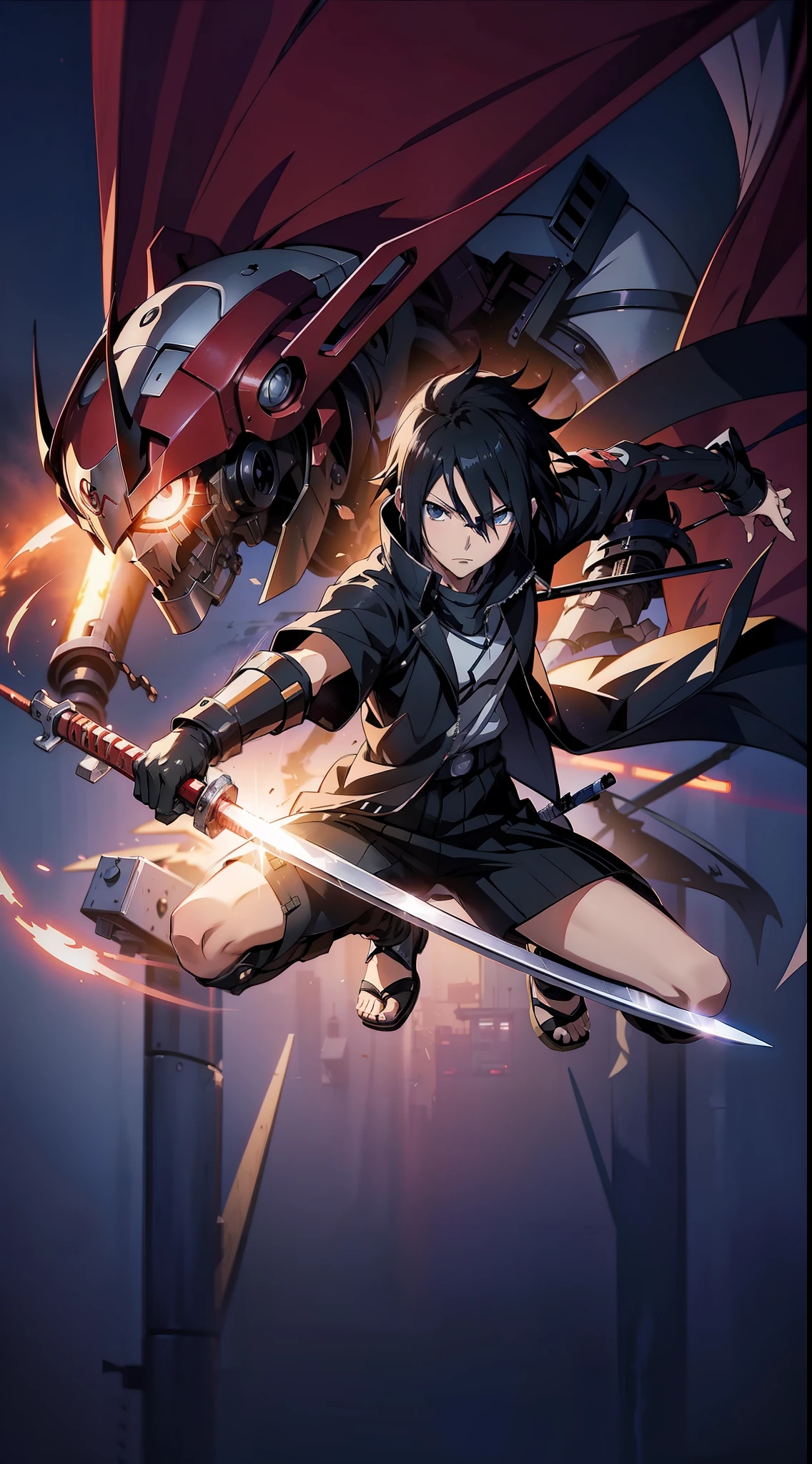 Sasuke Uchiha, action pose, holding sword, Red Robot Outfit, robot parts, anime style, makoto shinkai cyril rolando, makoto shinkai. digital render, makoto shinkai!, makoto shinkai. —h 2160, makoto shinkai!!, in style of makoto shinkai, ( ( makoto shinkai ) ), makoto shinkai style, Counterfeit v3 anime style