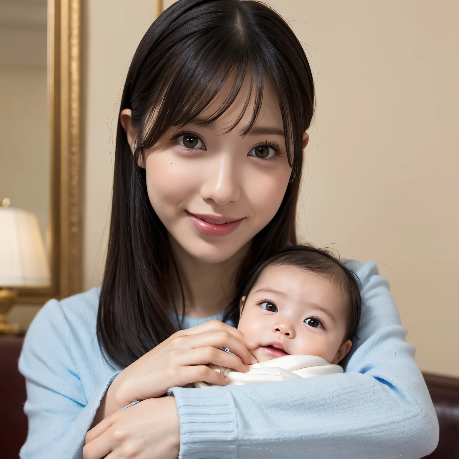 (highest quality、table top、8k、best image quality、Award-winning work)、(woman holding a baby:1.2)、(Baby and mother:1.2)、(Mature mother:1.2)、(the most natural and perfect baby:1.2)、(the most accurate and detailed baby:1.2)、(perfect baby body:1.2)、(close up of baby&#39;s face:1.2)、ultra high definition hair、Super high resolution perfect beautiful teeth、the best smile looking at me、Ultra high definition beauty face、ultra high definition hair、Super high-definition sparkling eyes、Shining super high resolution white skin、Super high resolution glossy lips、(accurate anatomy:1.1)、(Strongly blurred luxury love hotel bedroom background:1.1)、(Strongly blurred background:1.1)、The most moody and romantic warm lighting、(perfect hands:1.2)、solo、one mother and baby、Brightly lit face、(the most detailed and accurate baby:1.1)、(Draw a clear distinction between the baby&#39;s hands and the mother&#39;s hands.:1.1)