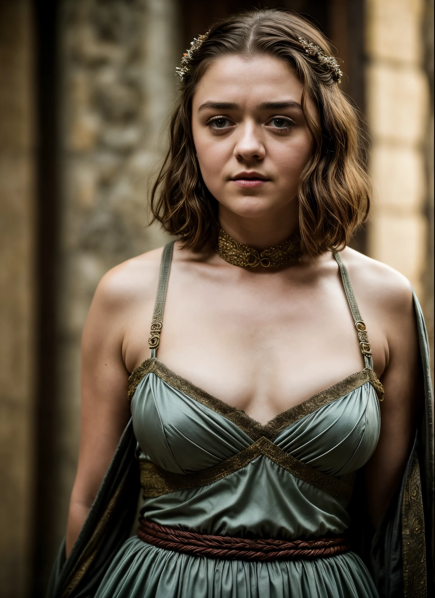 Foto RAW, Arya Stark, Extremely gorgeous lady, Arya Stark PLAYED BY MAISIE WILLIAMS, Queen Arya Stark, she  a mature woman now, milf, sexy mediaeval battle dress, gladiator woman, body, 40 years old Woman, body revealing costumes, perky breast, skin pores, big natural breast, erotic costumes, lusty physique, seductive figure can capture every people's attention, Game of thrones costumes, revealing captivating figure, Mediaeval costumes, revealing clothes, A tomboy, she would rather fence than dance, warrior queen , game of thrones screen caps, Game of Thrones Series, (pele altamente detalhada: 1.2), 8k UHD, DSLR, soft-lighting, alta qualidade, grain of film, Fujifilm XT3, flawless picture, highly detailed, detailed Beauty, intricate, 32k, sharp picture,