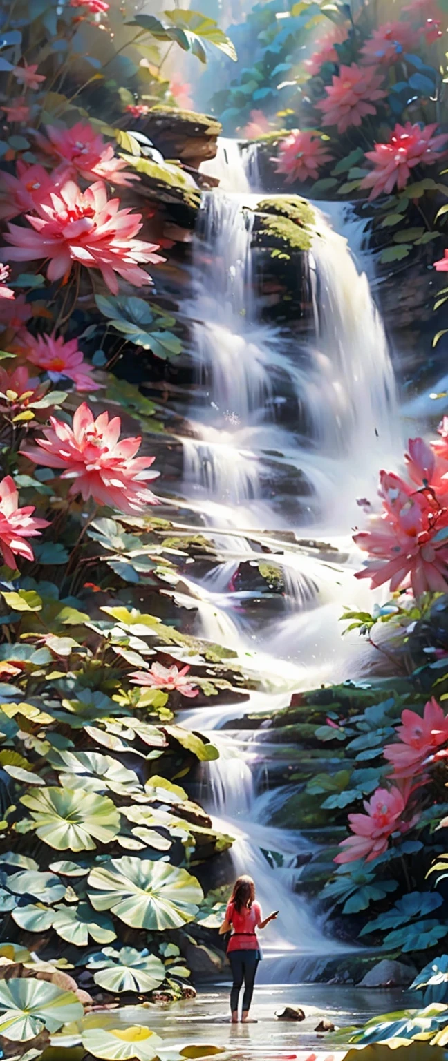 best quality,4k,high resolution,masterpiece:1.2,super detailed,actual:1.37,girl hit by fall,portrait,fall,Lush greenery and colorful flowers,flowing water,soak,wet hair,sparkling water droplets,beautiful and delicate eyes,beautiful and delicate lips,water splash,Emerald Pool,Dynamic movement,vitality,Calm expression,,ethereal lights,bright colors,contrast,Refreshing,unforgettable moments,close up,time freeze,emotional,Poetic,photography