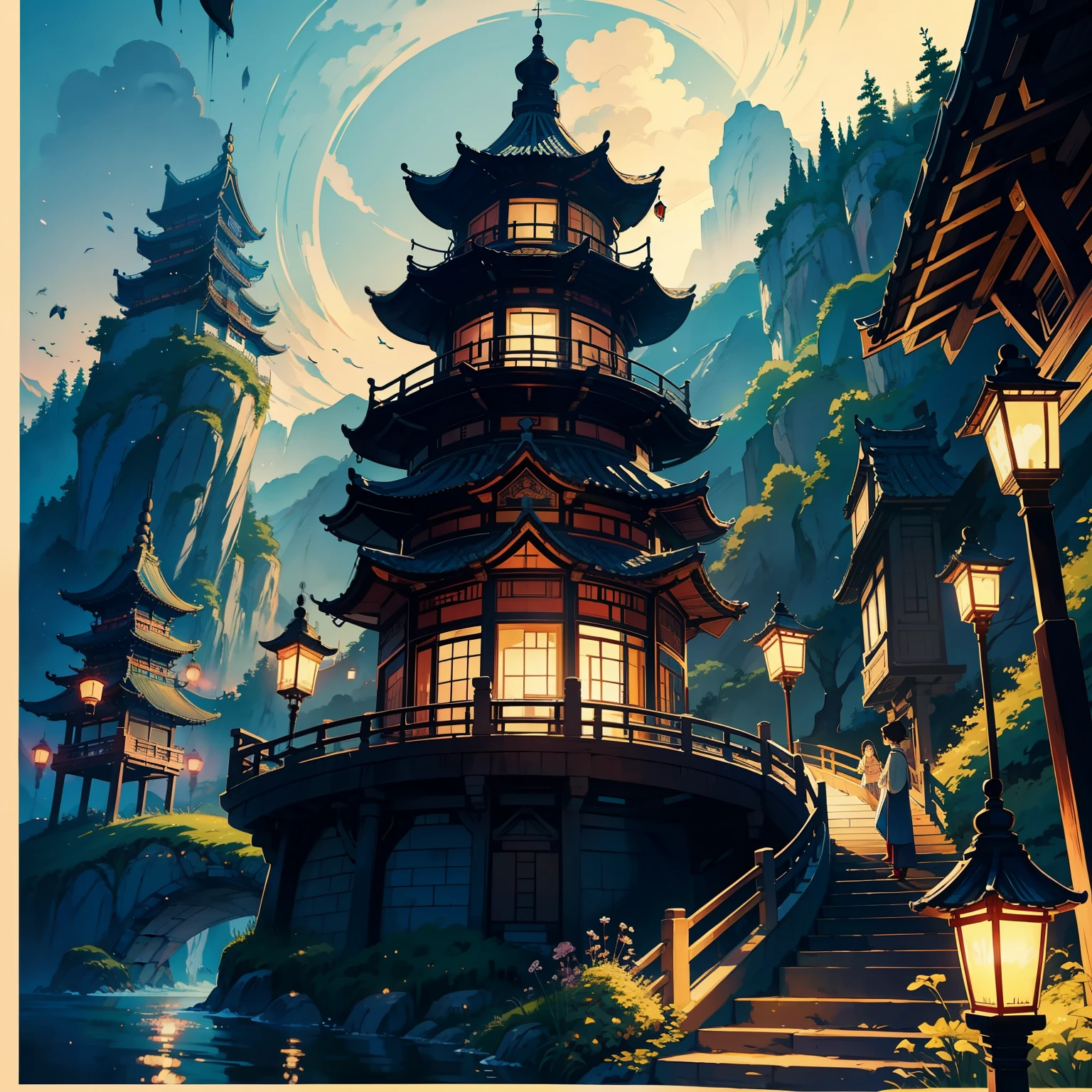 Two people stood on the bridge，There are lanterns hanging in the sky, A beautiful artwork illustration, fairy-tale illustration style, dreamlike illustration, illustration!, Chinese fantasy, Fine quality illustrations, （boy girl traditional romance）, 2 d illustration, 2D illustration, by Yang J, author：Qu Leilei, blurry and dreamy illustration, Digital illustration, natta, A illustration