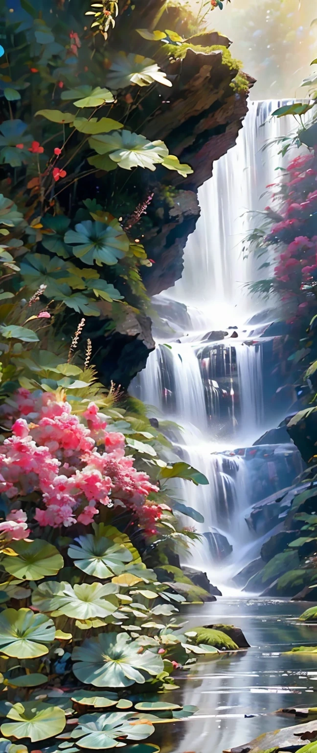 best quality,4k,high resolution,masterpiece:1.2,super detailed,actual:1.37,girl hit by fall,portrait,fall,Lush greenery and colorful flowers,flowing water,soak,wet hair,sparkling water droplets,beautiful and delicate eyes,beautiful and delicate lips,water splash,Emerald Pool,Dynamic movement,vitality,Calm expression,,ethereal lights,bright colors,contrast,Refreshing,unforgettable moments,close up,time freeze,emotional,Poetic,photography