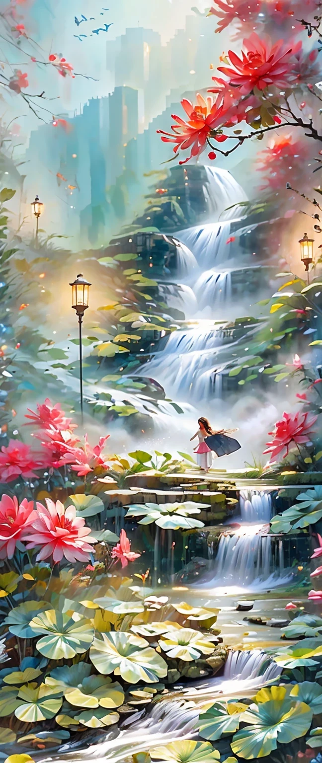 best quality,4k,high resolution,masterpiece:1.2,super detailed,actual:1.37,girl hit by fall,portrait,fall,Lush greenery and colorful flowers,flowing water,soak,wet hair,sparkling water droplets,beautiful and delicate eyes,beautiful and delicate lips,water splash,Emerald Pool,Dynamic movement,vitality,Calm expression,,ethereal lights,bright colors,contrast,Refreshing,unforgettable moments,close up,time freeze,emotional,Poetic,photography