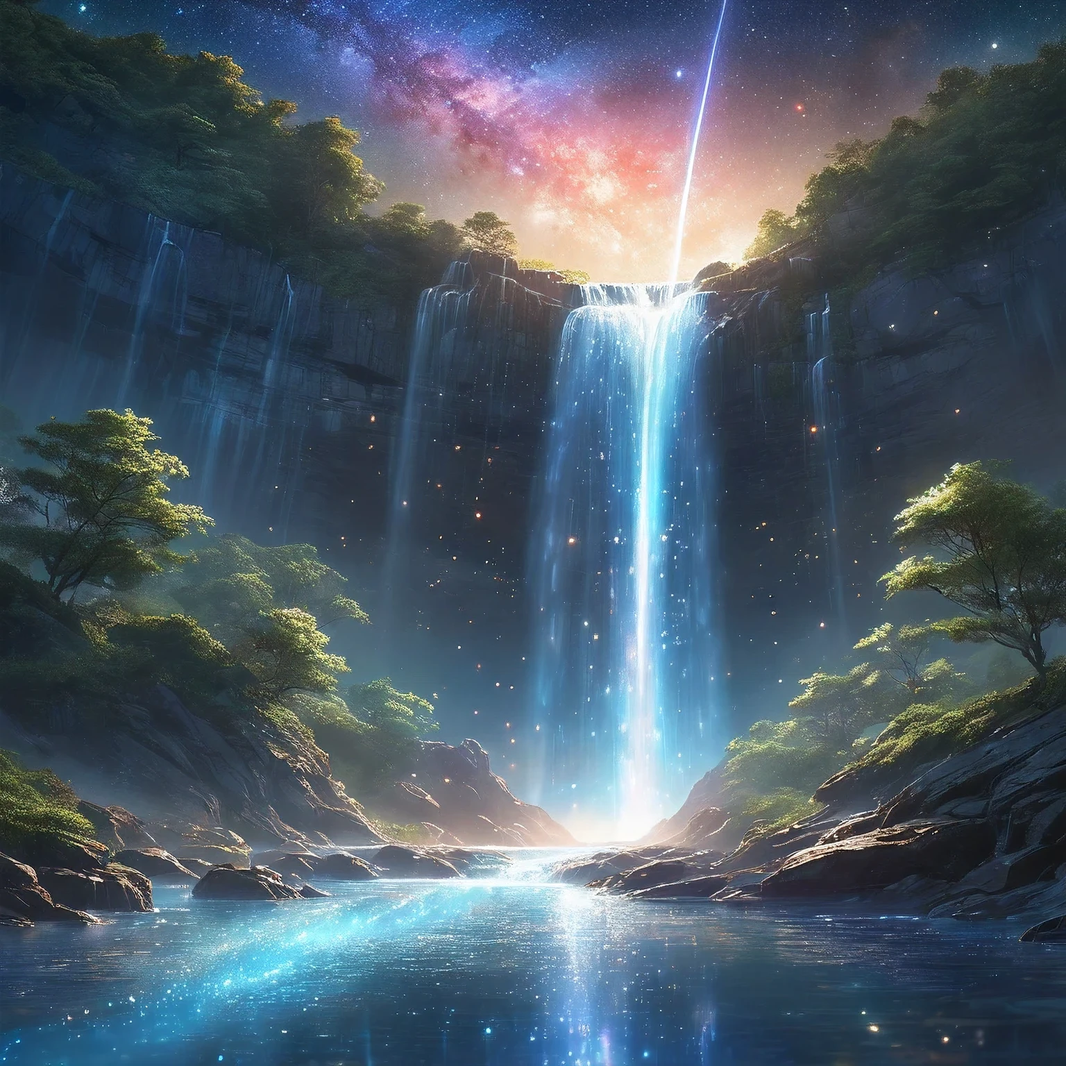 landscape, Cosmic Fall, Milky Way Fall, Fall, splash, unmanned, quiet and dark, starlight, high transparency, water quality, HD details, Ultra-detailed, Surrealism, deep focus bokeh, Ray tracing, Art site Gwise on pixiv, Shinkai Cheng, artistic sprout