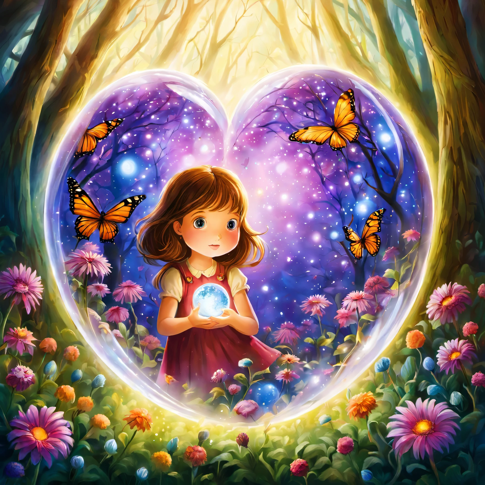 A young girl finds herself in the heart of an enchanted forest. Umgeben von leuchtenden Schmetterlingen und mystischen Blumen, She discovers a magical sphere, 1girl, Allein, weiblicher Fokus