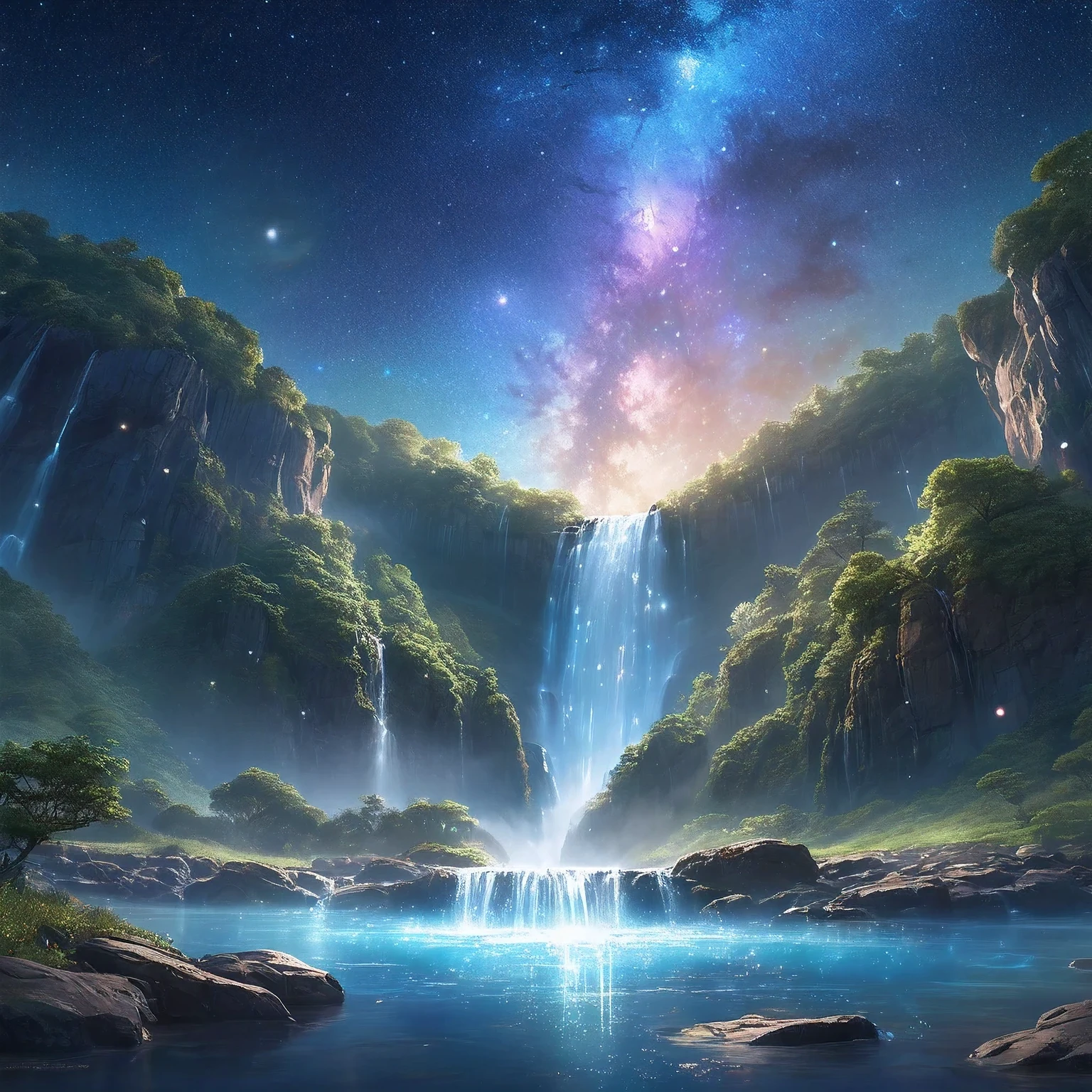 landscape, Cosmic Fall, Milky Way Fall, Fall, splash, unmanned, quiet and dark, starlight, high transparency, water quality, HD details, Ultra-detailed, Surrealism, deep focus bokeh, Ray tracing, Art site Gwise on pixiv, Shinkai Cheng, artistic sprout