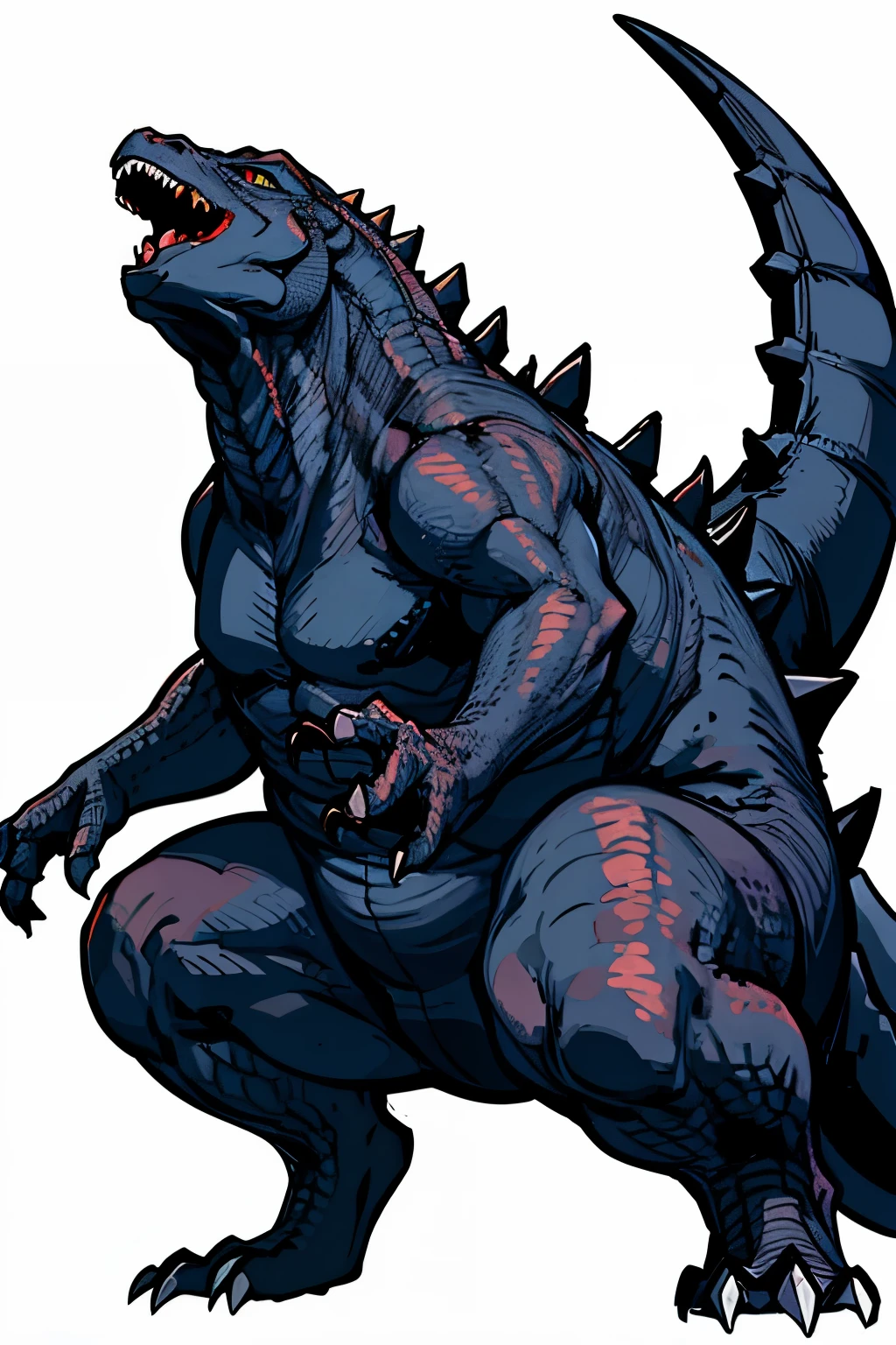 full body godzilla with his mouth wide open, solid white background with black character outline design