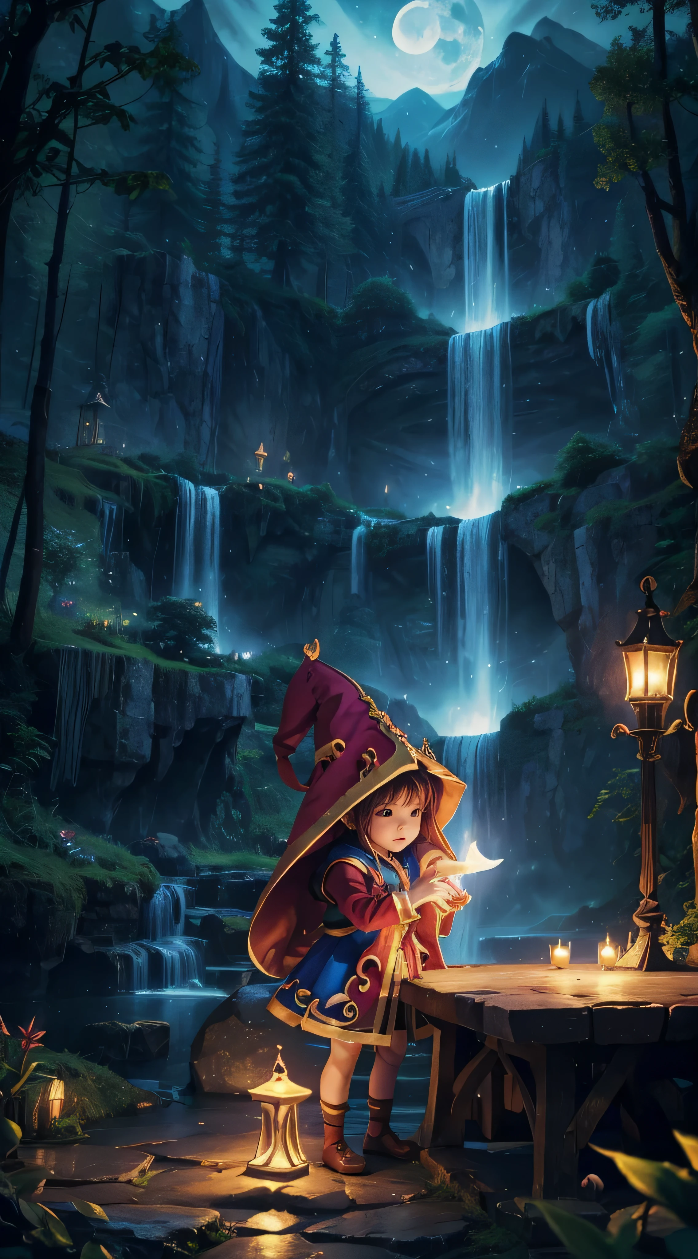 The magician Yordle Lulu (League of legend) illuminates the stage representing a magnificent veil of waterfall, lighting by the moon to reinforce its authenticity. The composition artistically captures the powerful energy and serene ambience of the waterfall, making it a true masterpiece (realistic and bright colors, ultra-detailed)