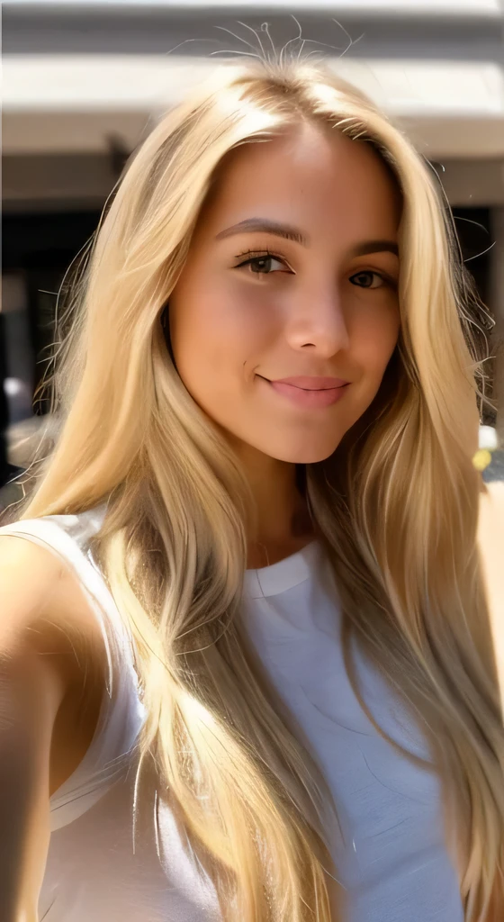 A 23-year-old blonde woman, ((pechos grandes)), ((hiperrealismo)) ,. blonde hair with light brown roots. cabello rubio, Hair with brown roots, cabello extra largo, cabello muy largo, really long hair, Beautiful, Front view, selfie, photo taken with iPhone, selfie iphone,