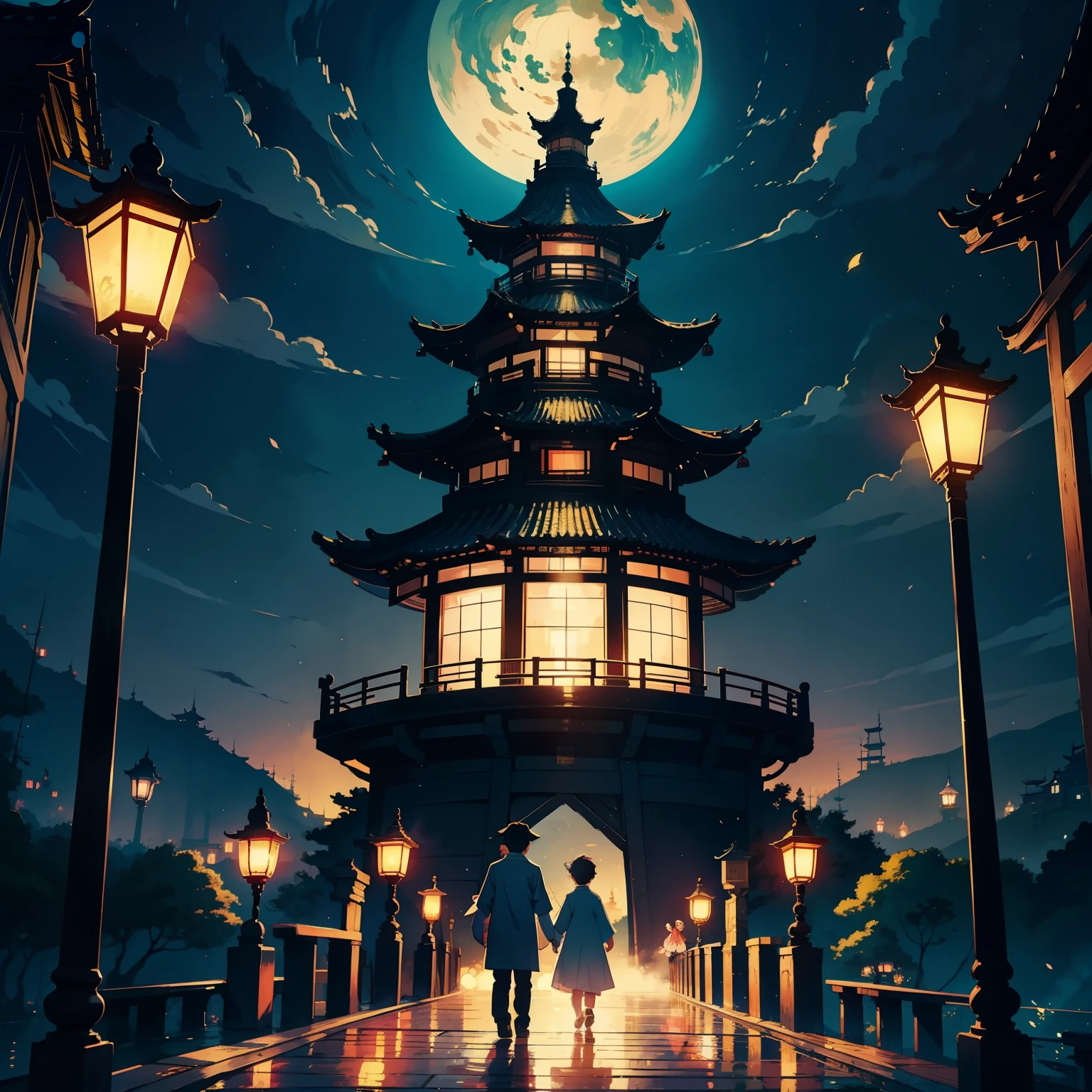 Two people stood on the bridge,There are lanterns hanging in the sky, A beautiful artwork illustration, fairy-tale illustration style, dreamlike illustration, illustration!, Chinese fantasy, Fine quality illustrations, (boy girl traditional romance), 2 d illustration, 2D illustration, by Yang J, author:Qu Leilei, blurry and dreamy illustration, Digital illustration, natta, A illustration