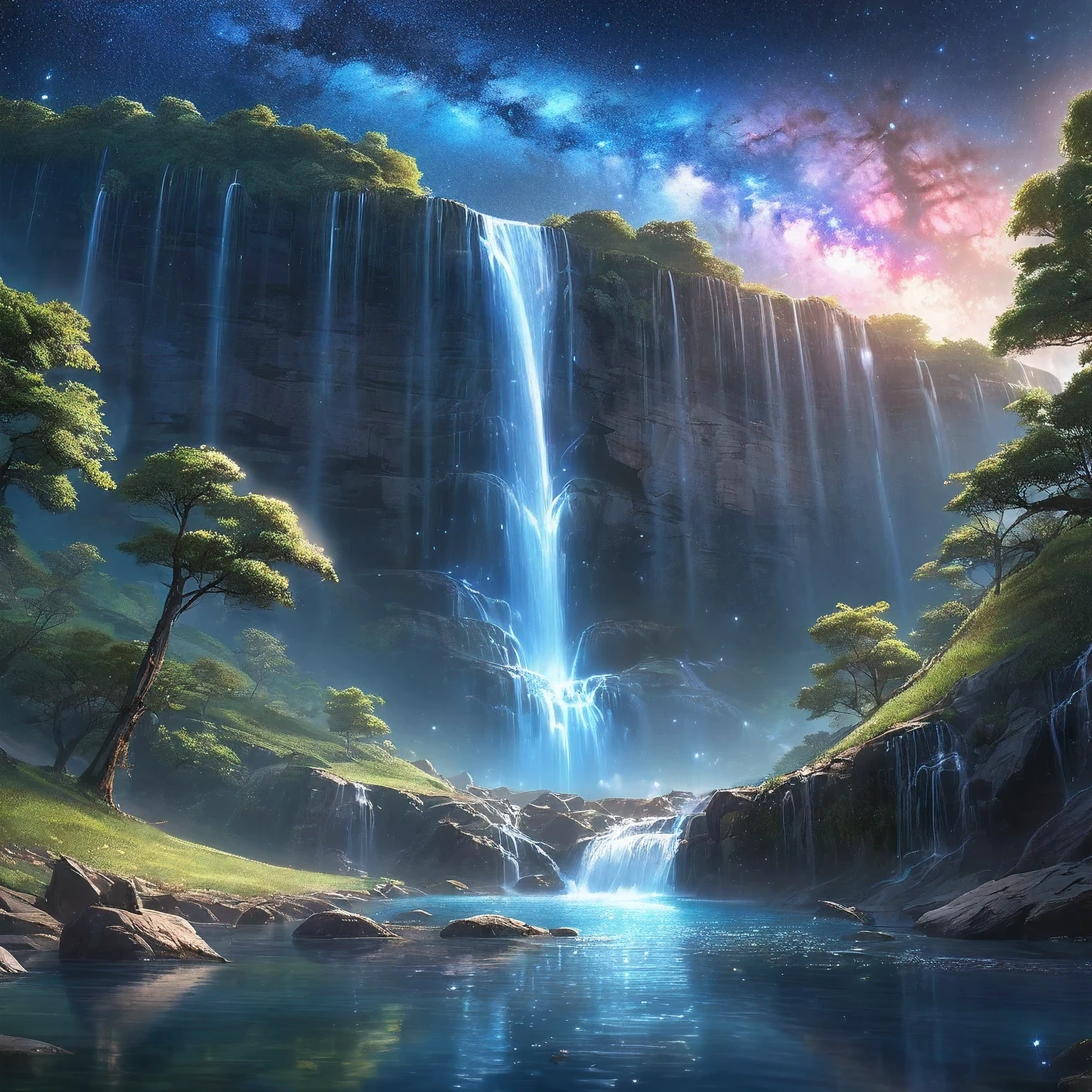 landscape, Cosmic Fall, Milky Way Fall, Fall, splash, unmanned, quiet and dark, starlight, high transparency, water quality, HD details, Ultra-detailed, Surrealism, deep focus bokeh, Ray tracing, Art site Gwise on pixiv, Shinkai Cheng, artistic sprout