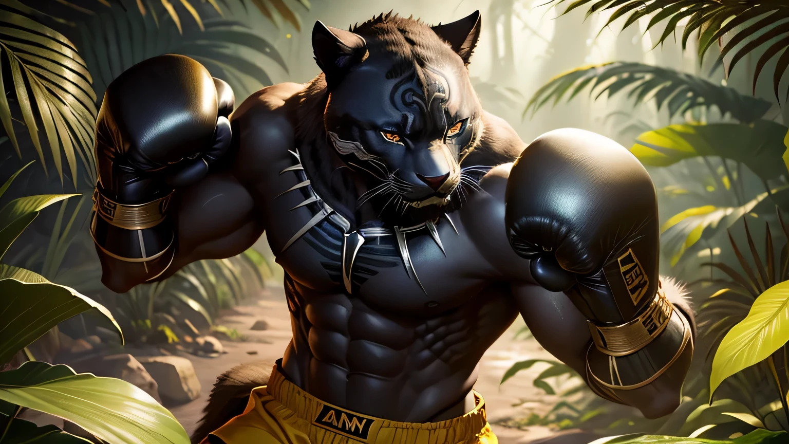 An anthropomorphic black panther, standing in a defensive boxing stance, wearing yellow shorts and boxing gloves, in an open jungle background. (best quality, high-res, ultra-detailed), realistic, vivid colors, studio lighting, sharp focus, physically-based rendering, extreme detail description, professional, portraits, landscape, vibrant color palette, dramatic lighting