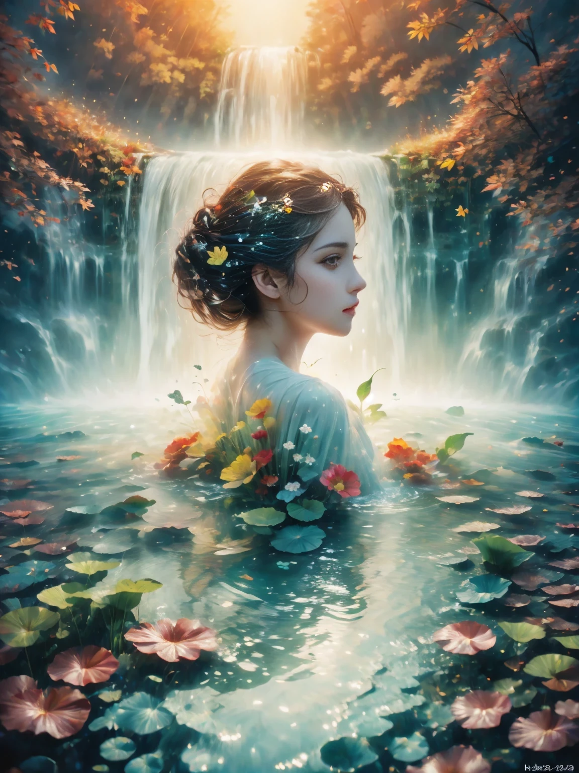 best quality,4k,high resolution,masterpiece:1.2,super detailed,actual:1.37,girl hit by fall,portrait,fall,Lush greenery and colorful flowers,flowing water,soak,wet hair,sparkling water droplets,beautiful and delicate eyes,beautiful and delicate lips,water splash,Emerald Pool,Dynamic movement,vitality,Calm expression,,ethereal lights,bright colors,contrast,Refreshing,unforgettable moments,close up,time freeze,emotional,Poetic,photography