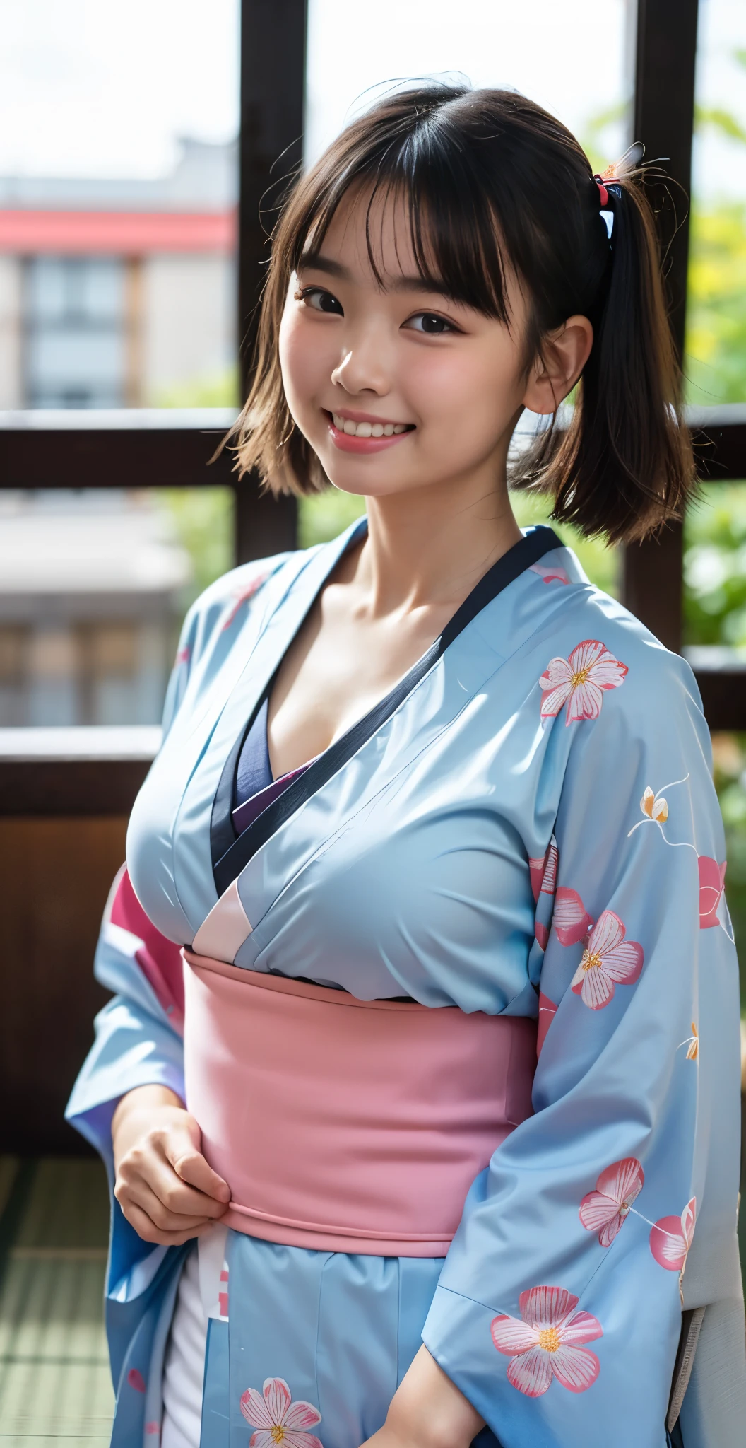 （8k、Raw photography、highest quality、masterpiece：1.2),(black haired、very short hair:1.8),(short twin tails:1.4)、show viewer,Looking at the front,erotic,white skin,(Wearing a kimono with a colorful floral pattern:1.7)、()、(Clothing that emphasizes the shape of your chest、publish one&#39;skin of:1.8)、(big breasts :1.4)、slim body shape、ultra high resolution,beautiful,beautiful fece,(alone, alone、no background:1.9),whole bodyボディー,japanese woman,（Photoreal：1.37）、photon mapping,reality、(Baby-faced and cute: 1.2)、(cute smile: 1.7)、(With a round face: 1.8)、radio city、Physically based rendering、depth of field rally background、photograph, (I can see your knees,close up of thighs:1.4),whole body、super fine