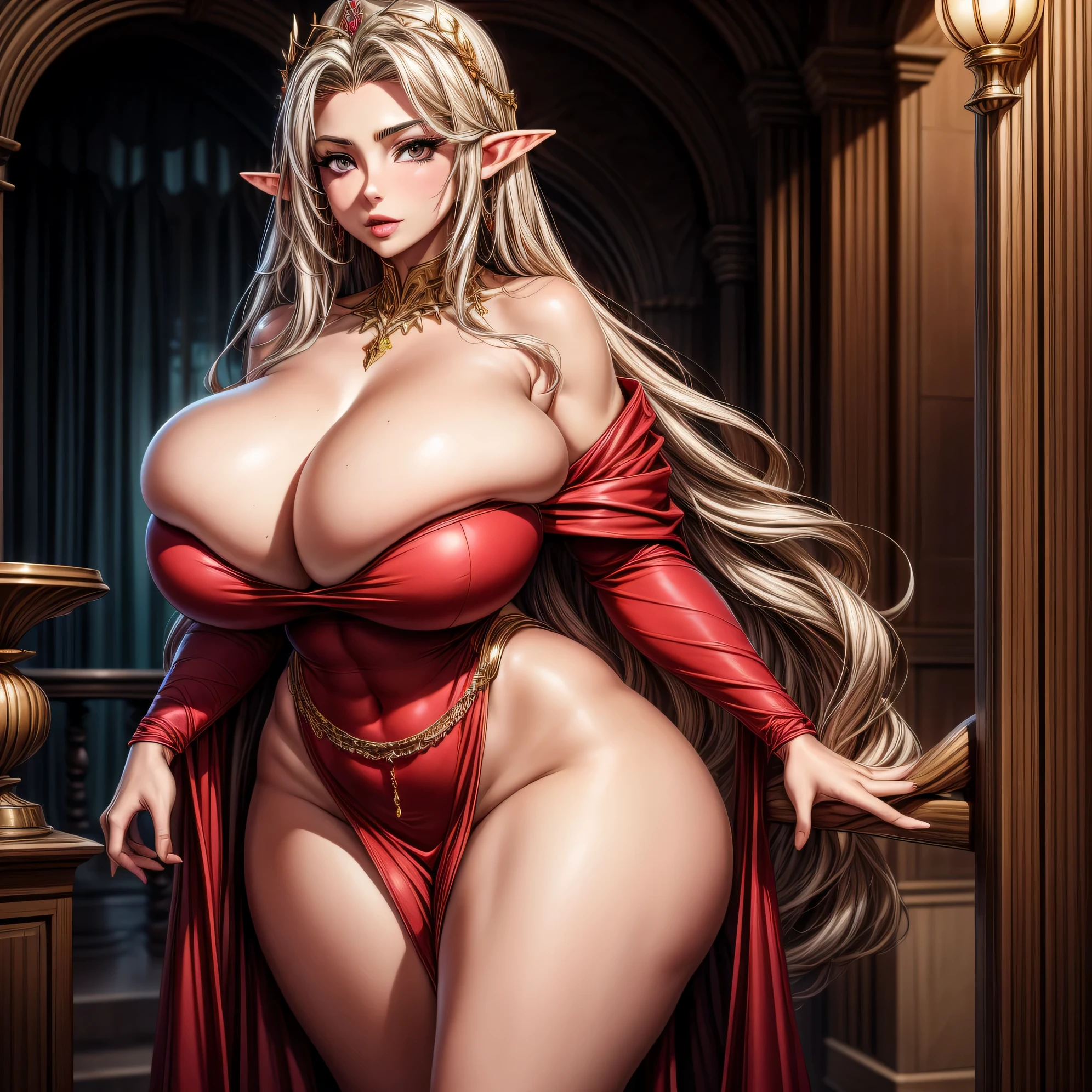 Best quality, solo mature woman, enormous breasts, giant ass, very curvy, dark brown skin, very long ash blonde hair, silver eyes, full lips, seductive, red and black goddess robes, flower crown, gold jewellery, goddess, curvy physique, thick thighs, elf, blonde