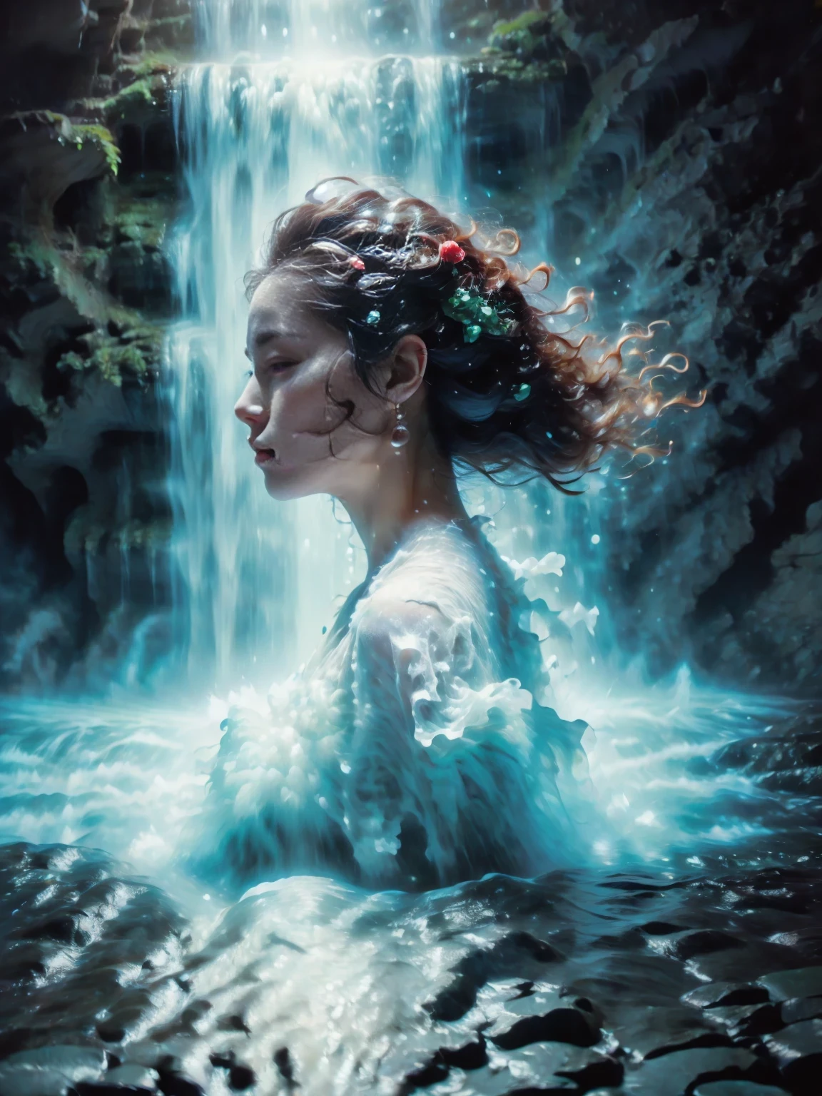 best quality,4k,high resolution,masterpiece:1.2,super detailed,actual:1.37,girl hit by fall,portrait,fall,Lush greenery and colorful flowers,flowing water,soak,wet hair,sparkling water droplets,beautiful and delicate eyes,beautiful and delicate lips,water splash,Emerald Pool,Dynamic movement,vitality,Calm expression,,ethereal lights,bright colors,contrast,Refreshing,unforgettable moments,close up,time freeze,emotional,Poetic,photography