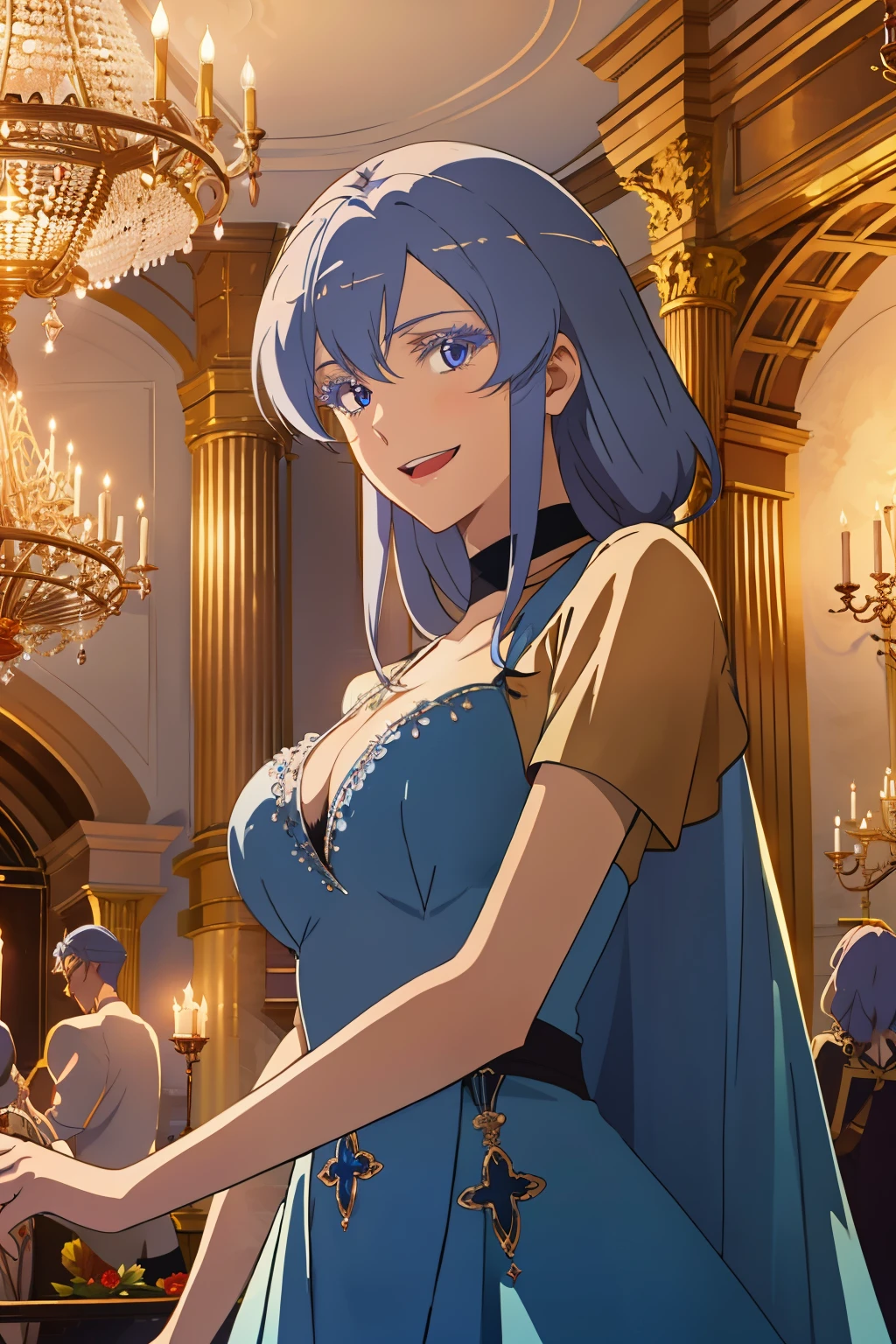 (best quality,8k,highres,masterpiece:1.2) Esdeath, blue hair, ball dance, party, shining eyes, detailed face, detailed body, background people partying in a dance ball, hall, blue dress, soft smile, elegant and classy ambiance, people socializing and having fun, exquisite makeup and hairstyle, ornate chandeliers casting a soft glow,warm candlelight illuminating the scene, excitement and joy filling the air,memorable and enchanting evening, glamorous outfits, enjoying drinks and conversations, 16k resolution,illustration,sparkling lights,celebration,dancing,beautifully decorated venue,warm atmosphere, less realistic more anime style.