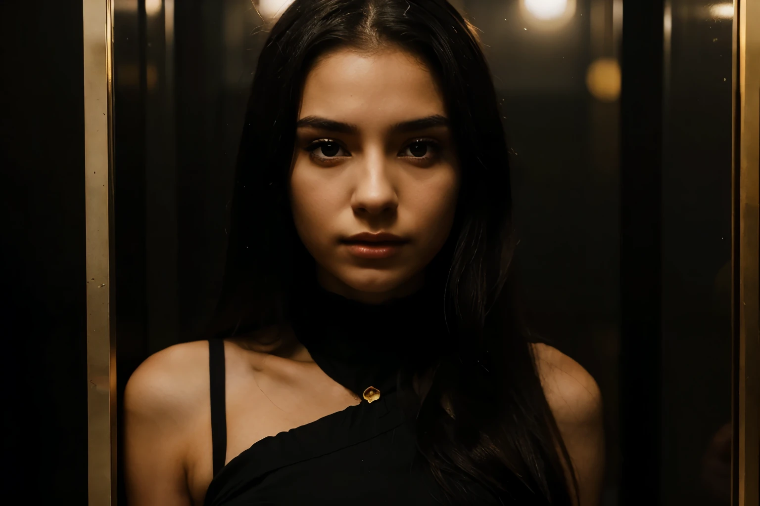 Intense young 20 years old girl, black elegant dress, trapped in an hourglass, gold