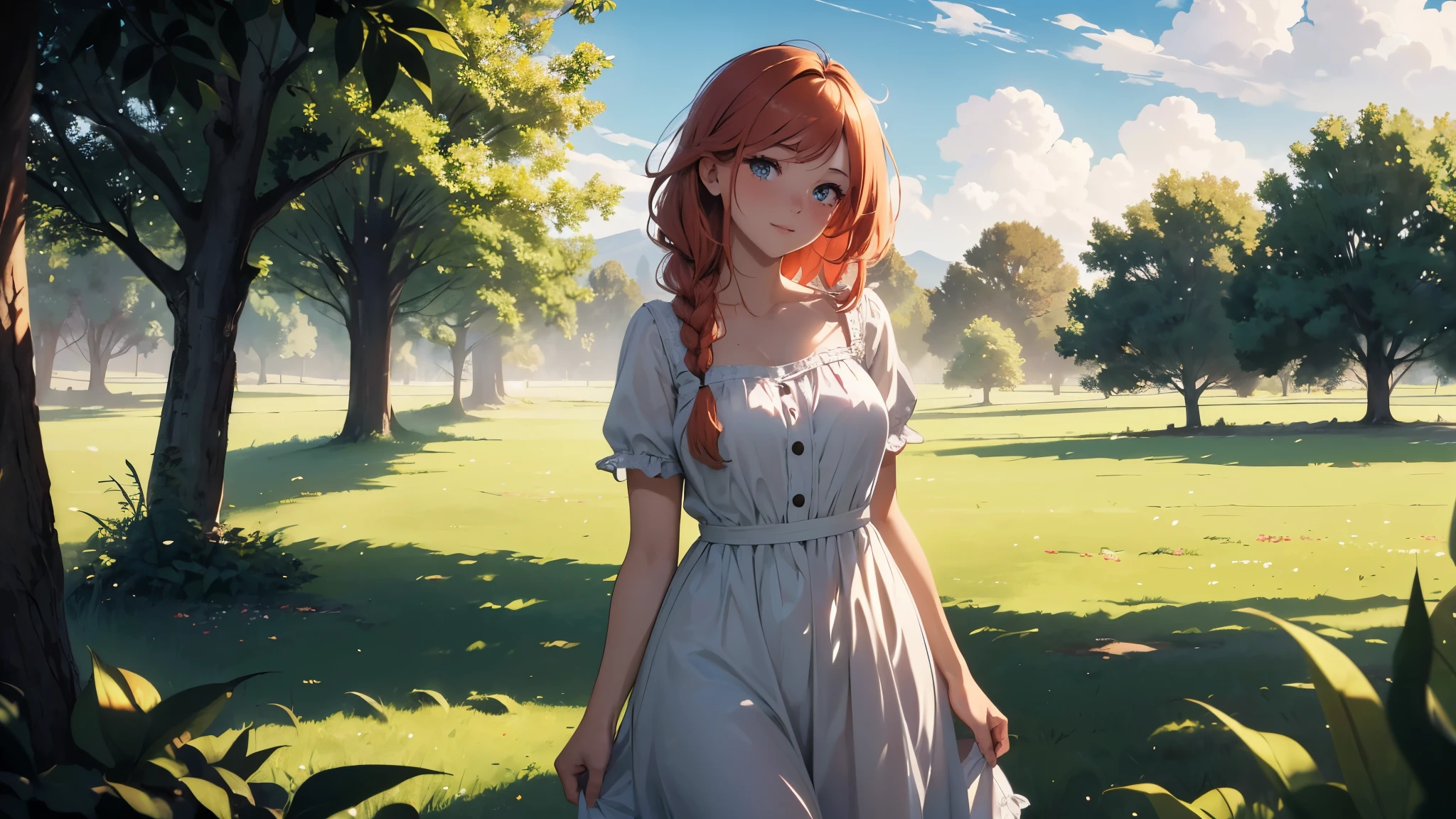 ((masterpiece,best quality,ultra detailed,ultra high res,detailed country yard background)), soft realistic focus, dynamic shadows, realistic image, vibrant colors,light leaks,dreamy atmosphere,chiaroscuro,BREAK
experimental charm, The girl is depicted in full growth, you see the girl from head to toe, nostalgic appeal, country girlfriend, she take you with yourself, simple open short dress, soft mischievous smile, freckles, shiny light red hair, she will take your hand, thick braids, More real than reality, Like woke up from a nightmare