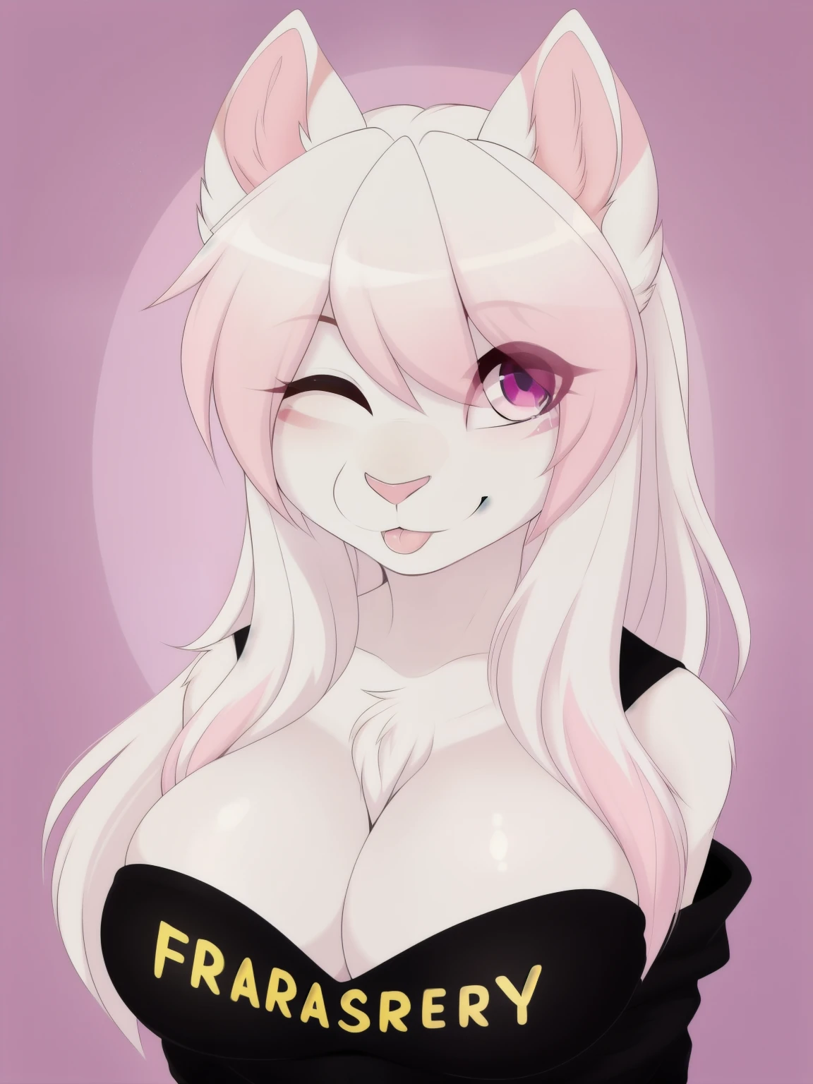 (white body:1.4, pink ears, Snow leopard:1.3, tail, pink tip of the ears:1.4, white hair, big breasts:1.22, pink iris:1.3, cute expression, white hair with pink highlights:1.5, round breasts:1.3, detailed eyes, small nose, hairy, sexy, chest fluff:1.5, detailed eyes, sexy, teenager, busty, short stack:1.1, breathless, Very fluffy body, long hair:0.9, furry body, perfect posture:1.2, ((perfect Anatomy)), emo hair, hair covering eyes:1.5, nsfw, solo, fluffy fur, detailed fur:1.2, standing, simple background, nipples, by teranen, headshot, small snoot:1.2, one eye closed, blep, small nose, high angle view)