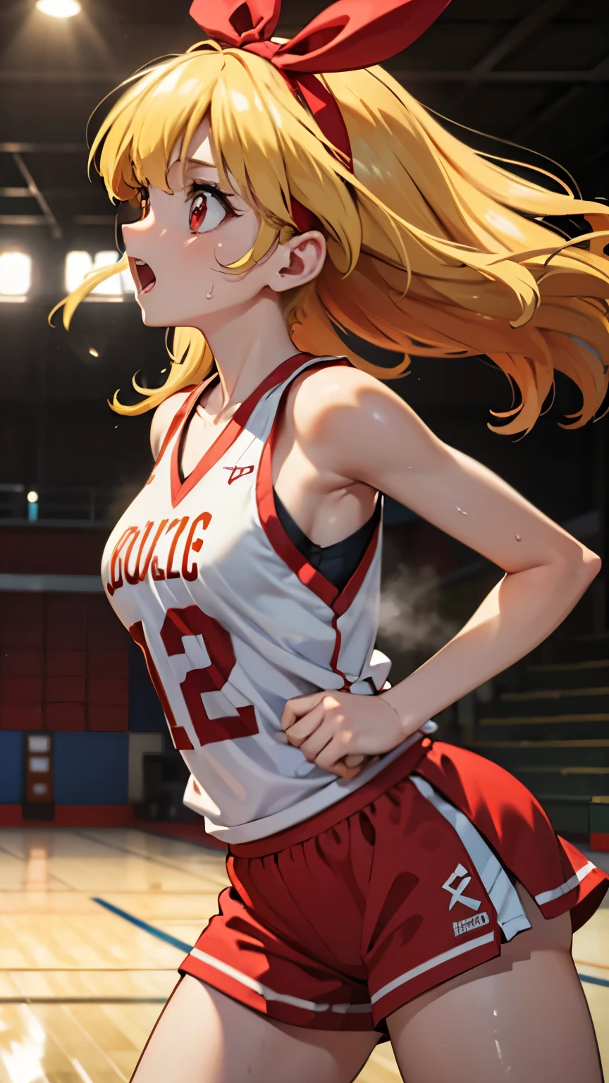 (masterpiece, best quality, highly detailed, ultra detailed, high resolution, absurdres, 4K, 8K:1.2), (official art, incredibly fine illustration, detailed background, cinematic lighting, dynamic angle, perfect hands)
BREAK,short statue,(RED Ribbon on HAIRband:1.2),Blonde HAIR,Floating hair,,RED eyes,medium_breasts,basketball uniform,(serious 1 2),open mouth,looking forward,playing basketball,(running,dribble 1 4),BREAK (steam,sweat 0 4), indoor basketball court,(detailed background),dutch angle,from side,cowboy shot