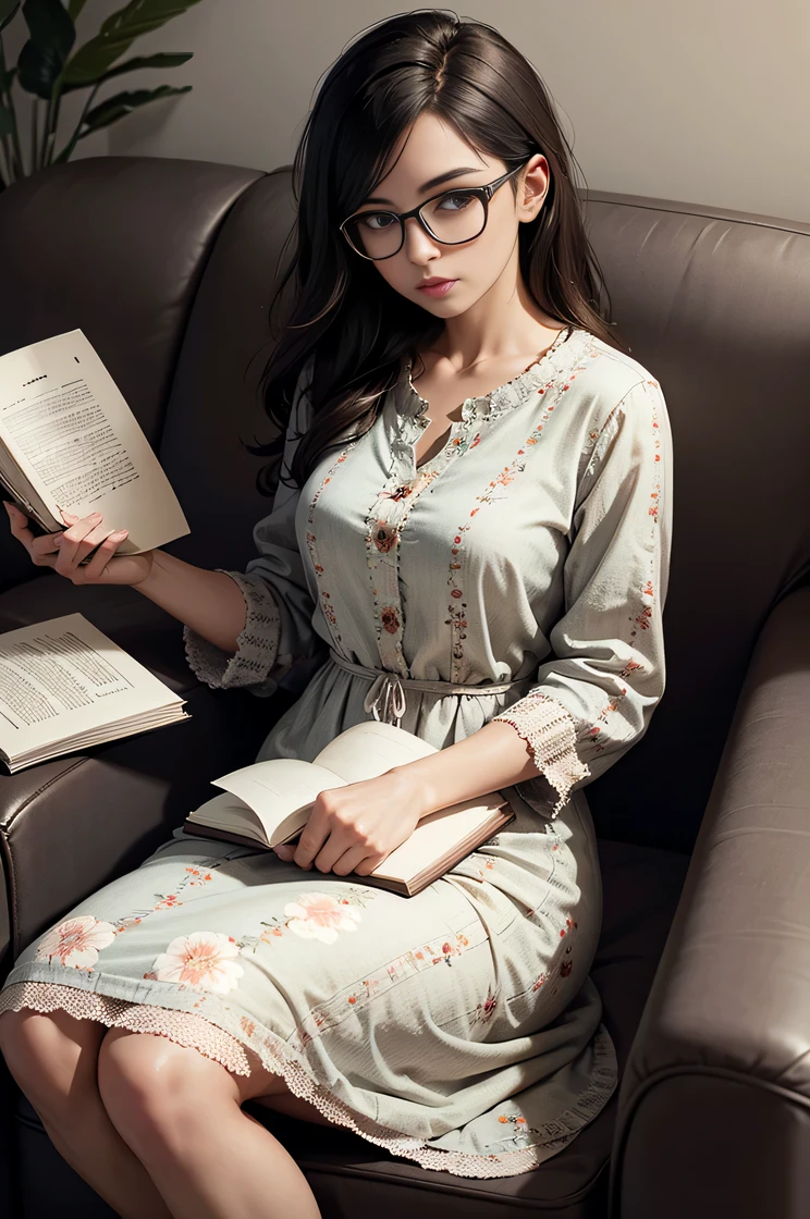 1woman sitting on a couch with reading glasses on , she wearing a  long casual dress on with flower pattern on it ,solo, she reading a book , and front view