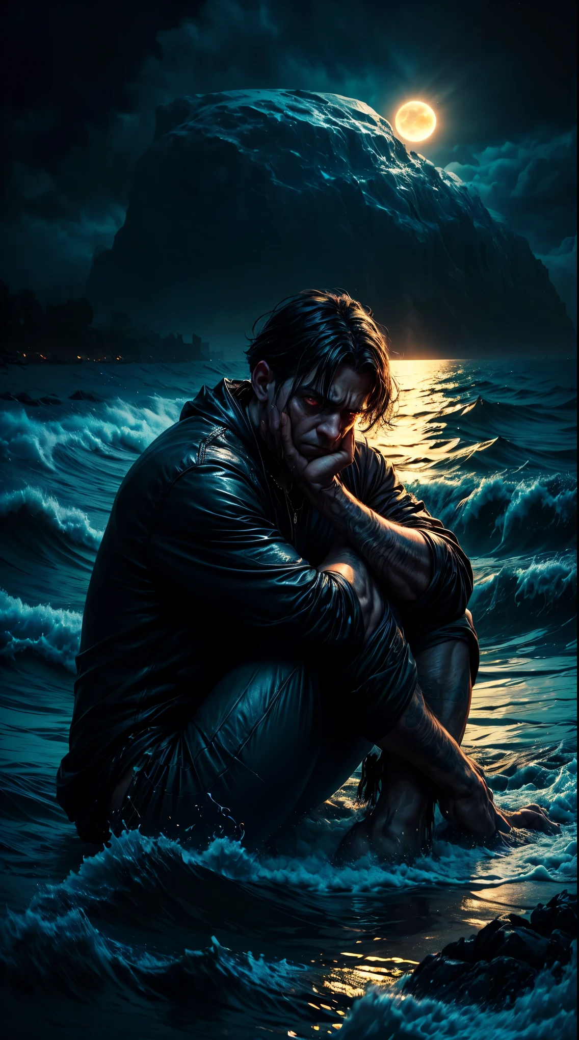 The sad boy sits on the seashore in complete darkness, and he appears alone among the folds of darkness.  He appears burdened with sadness and pain, as his eyes do not appear to contain any drop of joy.  Dressed in mysterious and dark clothes that surprise in their strange and interesting beauty.
 The sad soul lies in his face and expresses the deep pain that afflicts him.  This is reflected in his lost outlook and his heavy passage through life.  His sculpted stature and the extension of his lifeless hands reveal the sorrow that resides in his heart.
 The choppy waters, at this particular moment, seem to be a symbol of the internal storms he is experiencing.  The waves dance in a rough sway and come into conflict with the feelings of the sad boy.  In this case, the full moon, which is still shining in the night sky, despite the darkness surrounding it, adds a hidden hope and a little light to his face, which is drowned in sadness.
 The image carries a spirit of sadness, loneliness, and sorrow, and forces us to think about the pain and internal conflict that a person may experience., superior quality, many details, Puri focus  Sharp and realistic