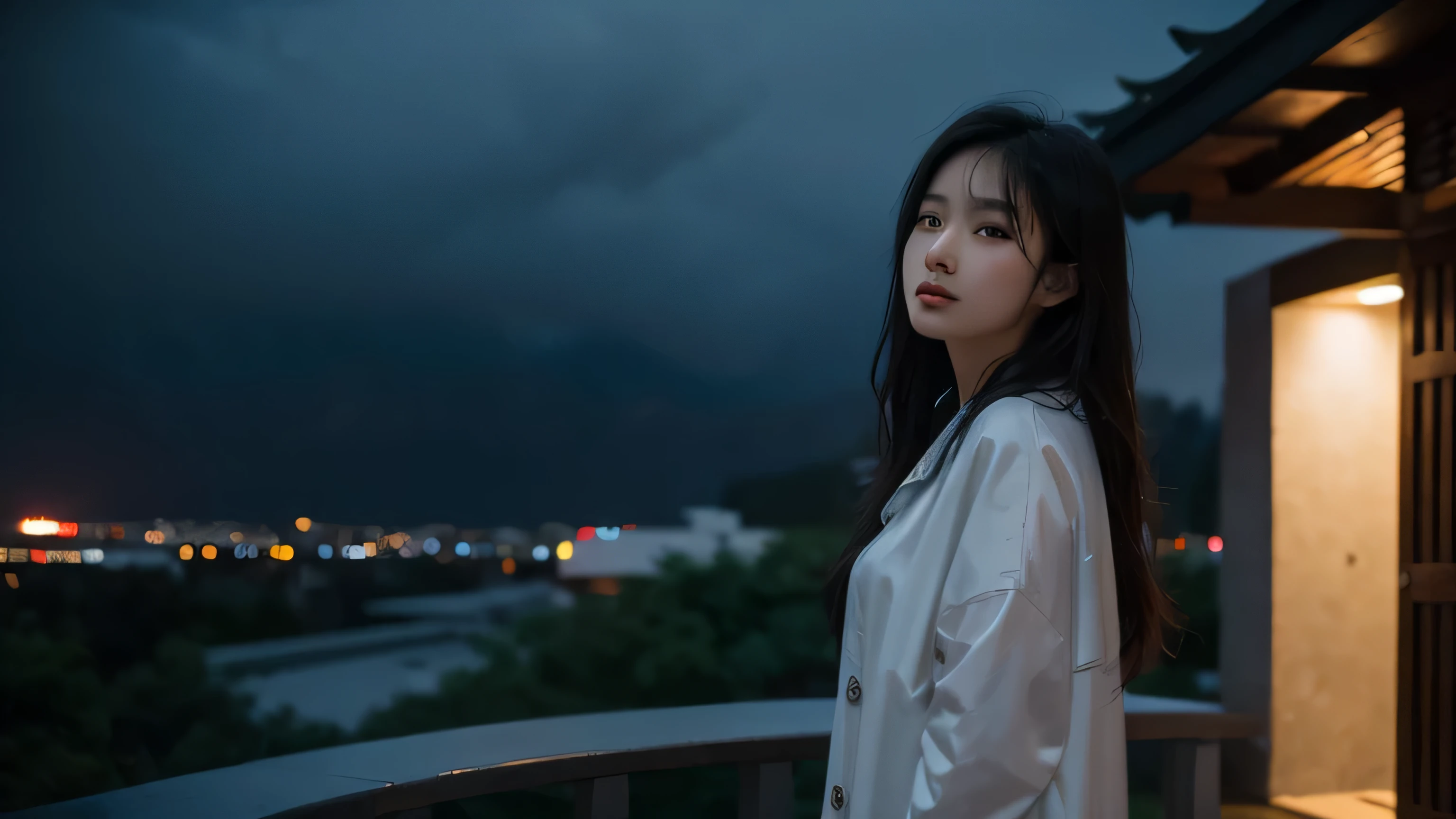 a beautiful 20 years old asian girl standing under the rain, holding the camera, chilling vibe, dark sky