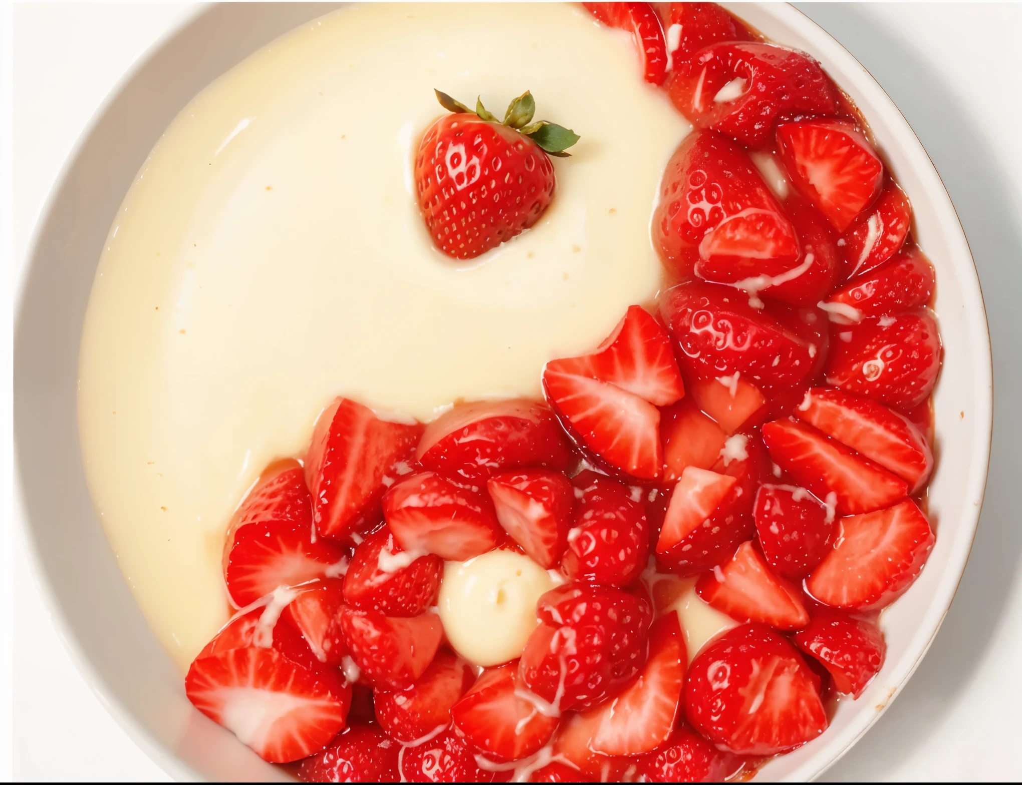 Yin yang formed by condensed milk and strawberries in a bowl. the bowl so that it's in the center of the image with some breathing space around it