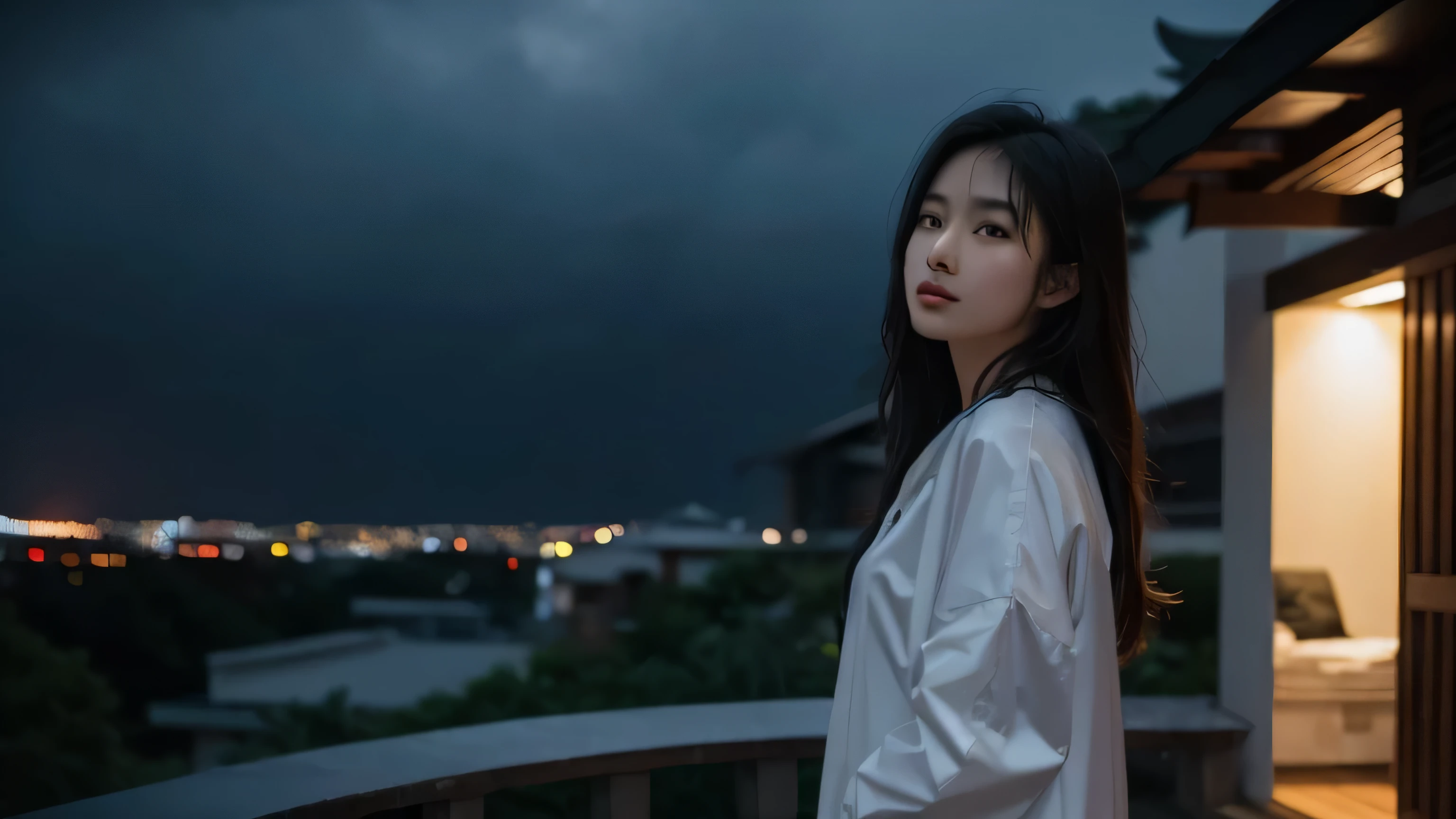 a beautiful 20 years old asian girl standing under the rain, holding the camera, chilling vibe, dark sky
