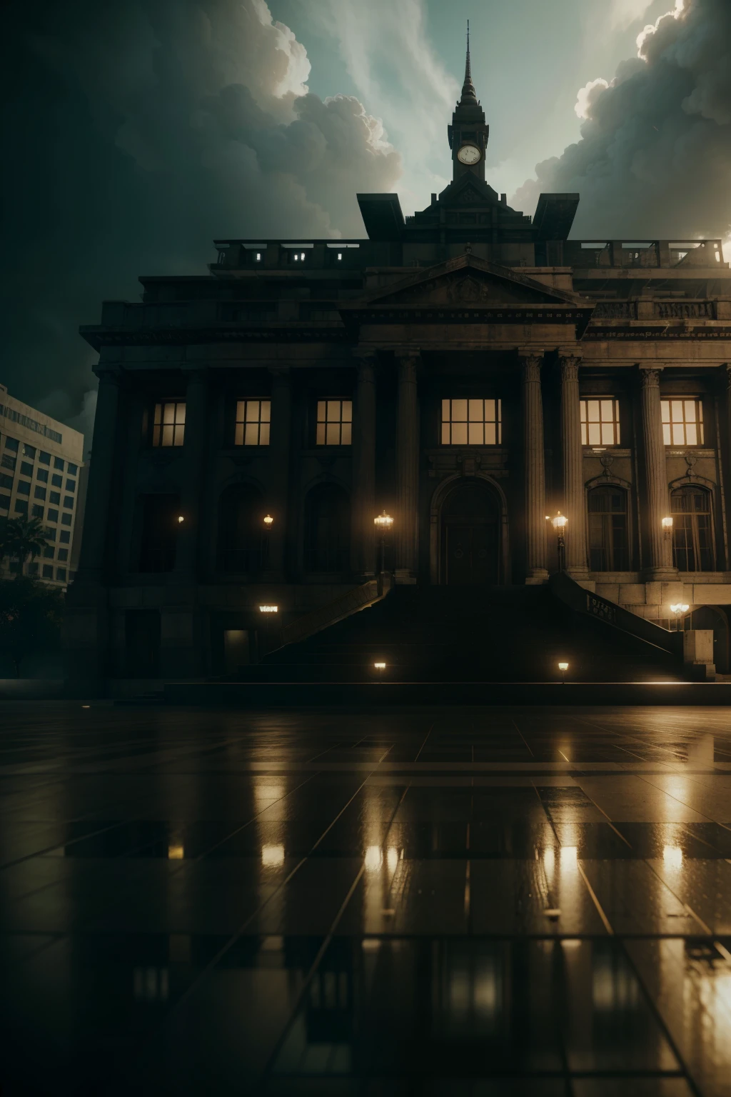 Wide shot of an abandoned government building, tagged "SCP", intensely depicted in an 8k resolution, brought to life through Unreal Engine, photorealistic and hyper-realistic render with Octane, cinematic and volumetric lighting, accentuated by creative technological effects. The intricate detail and immaculate technical precision showcase the ornate, atomic style of the building. Ray-traced reflection and refraction gleam, displaying maximum texture and maximum detail. The scene is bathed in epic cinematic perspective with a dark, moody low angle view, adhering to the golden ratio for optimal visual composition. Pro photo RGB and balanced white balance enrich the hyper