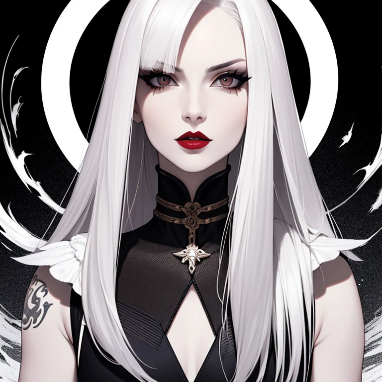 1 chica, mejor_scar, venas, cicatriz de quemadura, cicatriz en la nariz, pelo blanco, pelo largo, flequillo contundente, grave, vampiro, pale skin, labiostick, labios, red labios, pechos medianos, delineador de ojos, Bien,