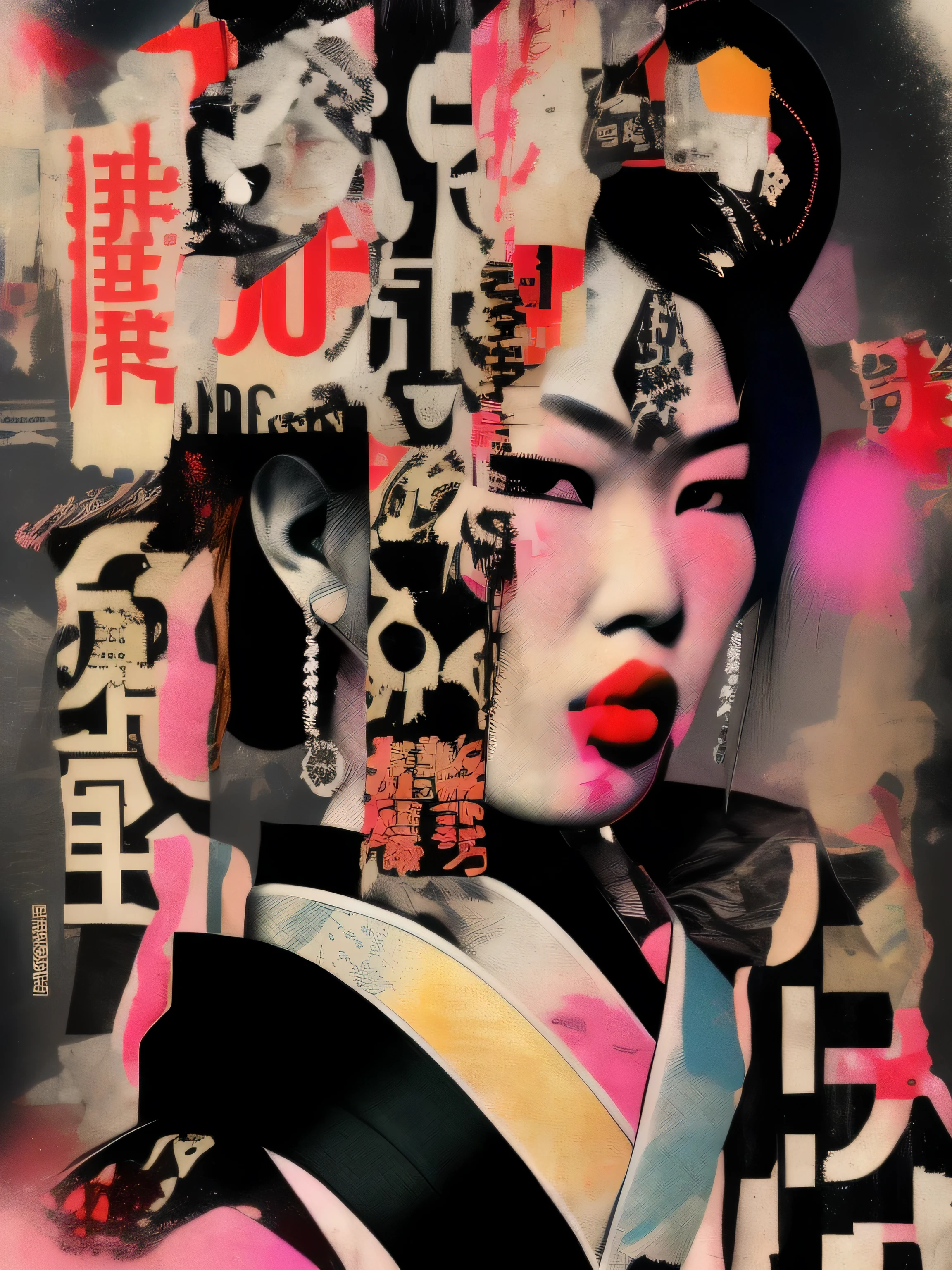 punk collage of a traditional pretty japanese geisha, hairpunk, fashion shoot editorial style, Hypebeast ultra fast fashion gang signs