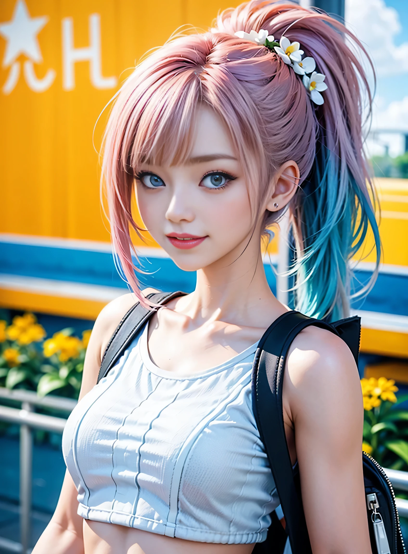 sfw, ((wearing cute little backpack on the back)), The simple illustration portrays an anime-style girl with a T-shirt that suits her well. She exudes a youthful and playful vibe, with big, expressive eyes, a charming smile, and vibrant-colored hair. Her T-shirt has a stylish design that reflects her fun and quirky personality. The background complements her cheerful demeanor, featuring a bright and sunny day with a clear blue sky and fluffy white clouds. Surrounding her are blooming flowers and lush greenery, creating a lively and vibrant atmosphere. This artwork captures the essence of a fashionable and spirited girl, perfectly complemented by the cheerful and vibrant background, wearing bra,((skinny waist)), young asian girl, ((big breasted)),