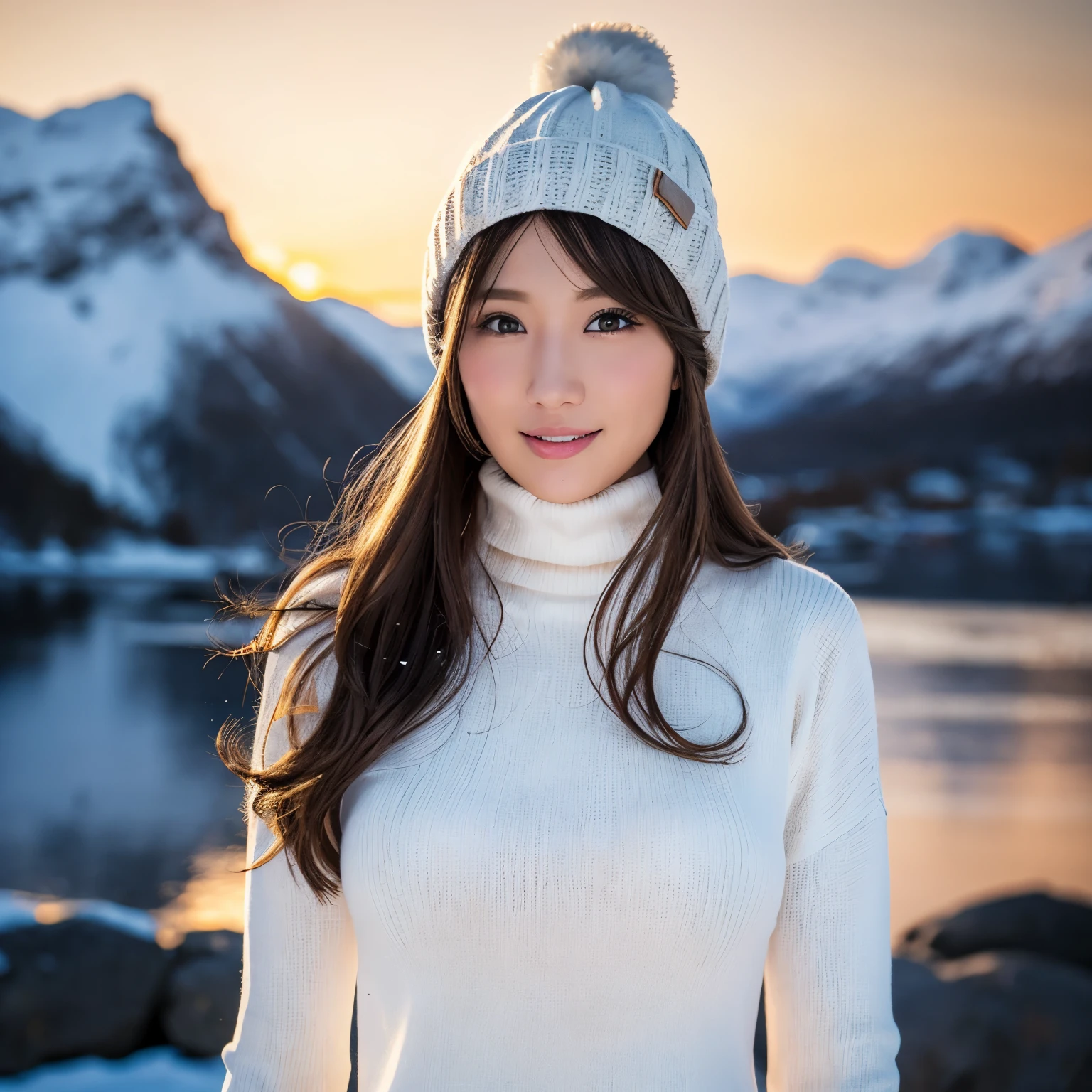 (table top、highest quality、8k、Award-winning work、ultra high resolution)、one beautiful woman、(White turtleneck long knit sweater dress:1.1)、brown hair、blonde、Very long wavy hair、(vivid sunset:1.1)、epic movie lighting、(Norwegian snowy mountains:1.1)、winter、snow scene、(heavy snow is falling:1.1)、(A sexually excited expression staring at me:1.1)、(Very huge breasts that are about to burst:1.2)、(emphasize body line:1.1)、very long hair、blurred background、accurate anatomy、ultra high definition hair、ultra high resolutionの完璧な美しい歯、Ultra high definition beauty face、ultra high definition hair、Super high-definition sparkling eyes、輝くultra high resolutionの美肌、ultra high resolutionの艶やかな唇、(Precise and perfect knitted hat:1.1)