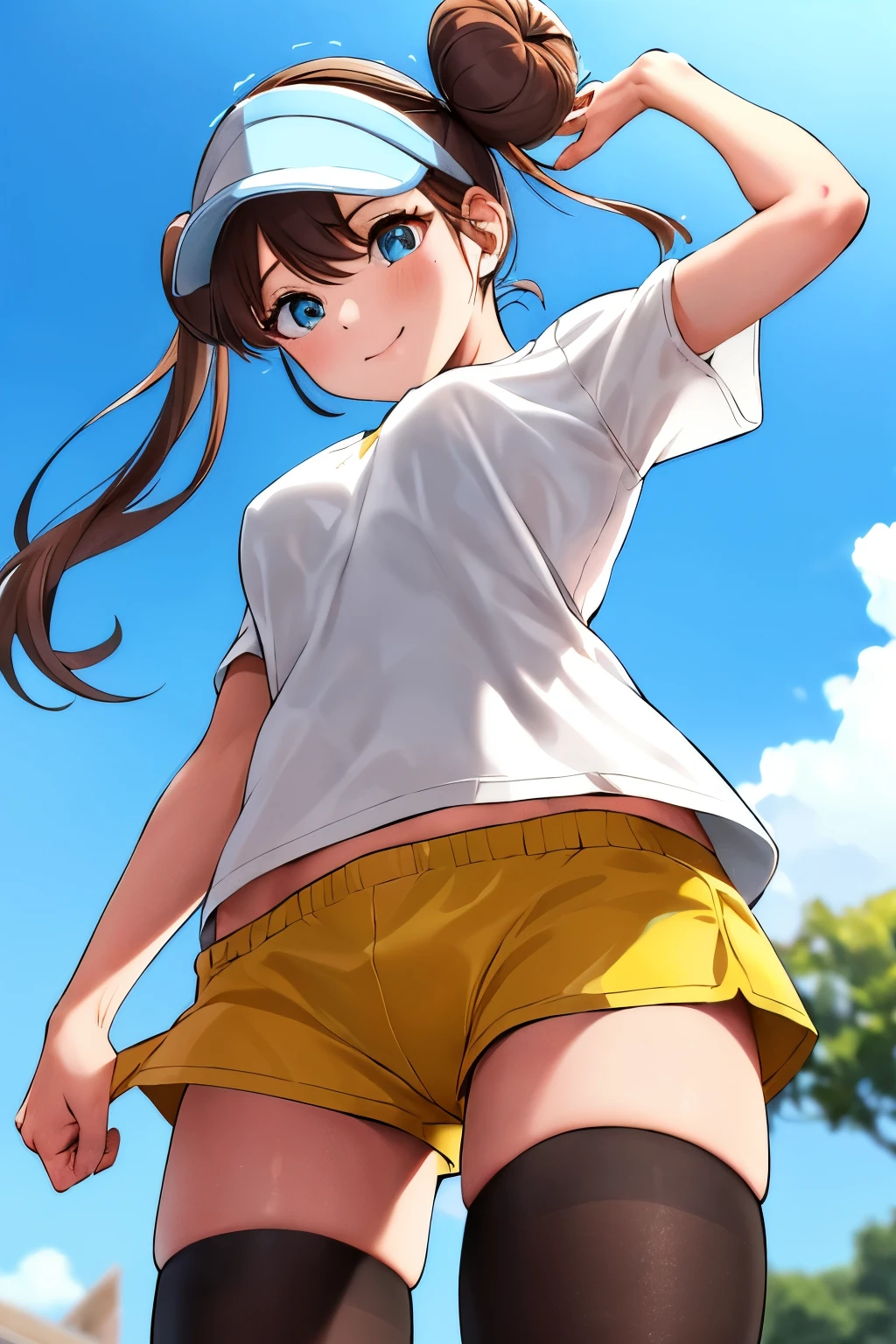 table top、highest quality、High resolution、1 girl、low length、thin、shy smile、brown hair, bun hair, blue eyes, long twin tails, visor cap,( black tights), raglan sleeves, yellow shorts,shirt, pink ribbon, clock、outdoors、A photo of the subject viewed from below、tits、((loose-fitting shorts、panties sticking out of shorts、loose shorts、white Panties are visible through the gap between the yellow shorts、white panties))、super perspective、wide shot、up shorts