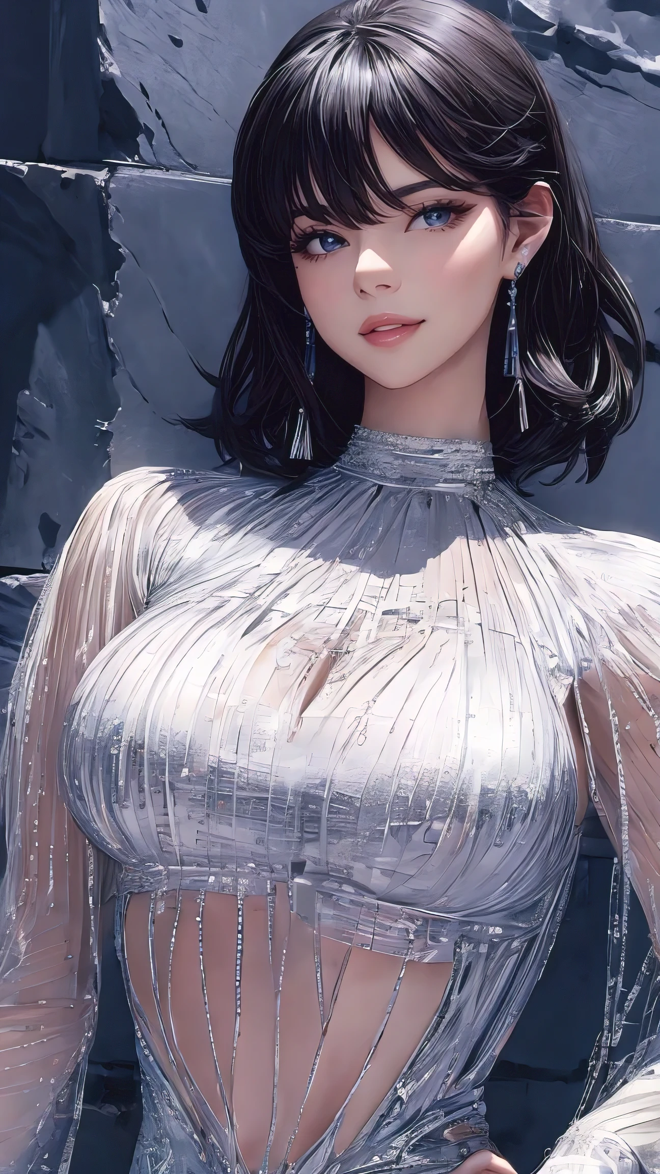 (best quality, masterpiece:1.2), perfect body, hyperfeminine, wide hips, large breasts, exotic eyes, form fitting dress, dangerous allure, dystopian city, dark colors, realism, random composition, vibrant, 8k, uhd, hdr, pbr