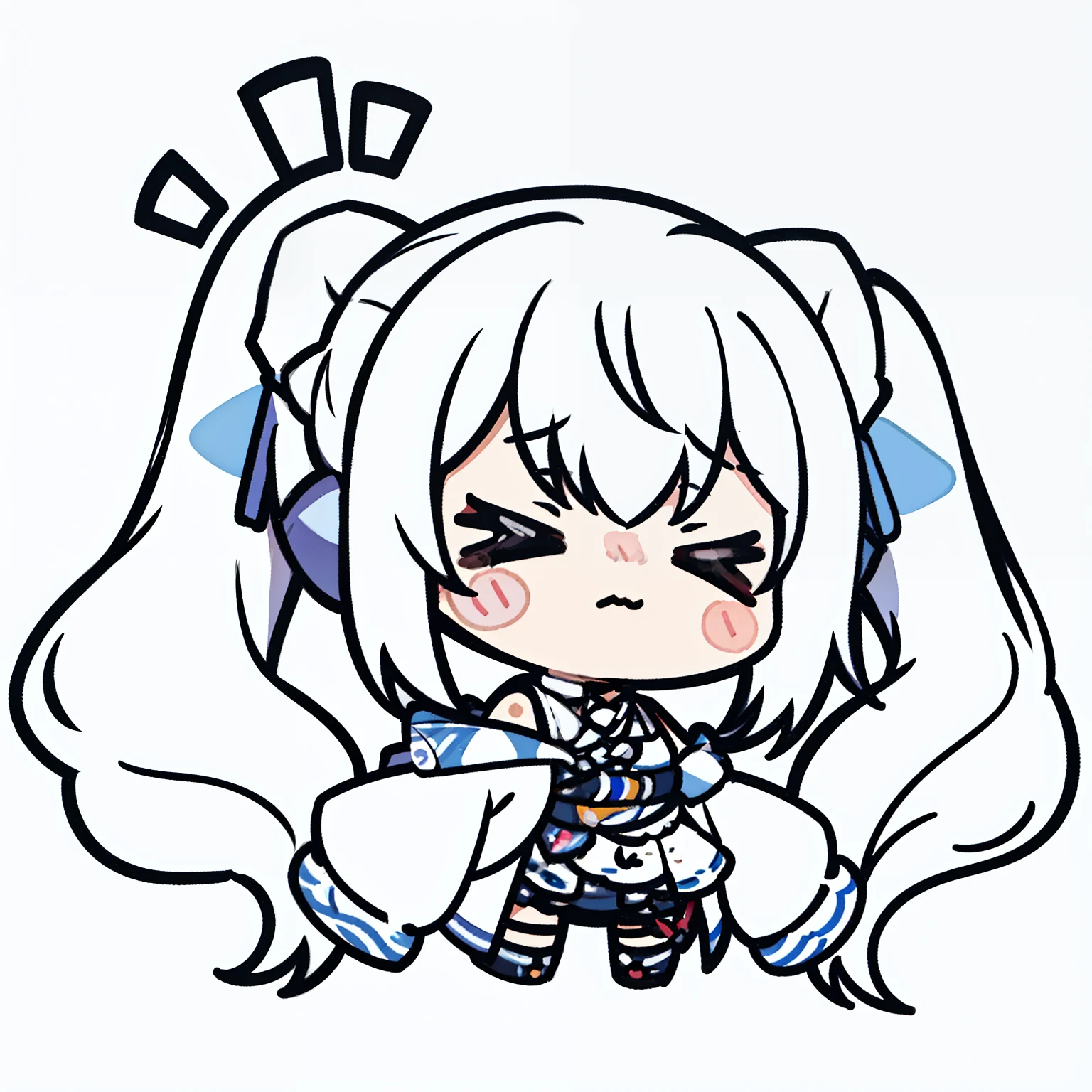 (1girl,20 years old),solo,(white background,line drawing,long hair, white hair,fish ears,(scared.fear),closed eyes,upper body,twintails,closed mouth,from front,chibi