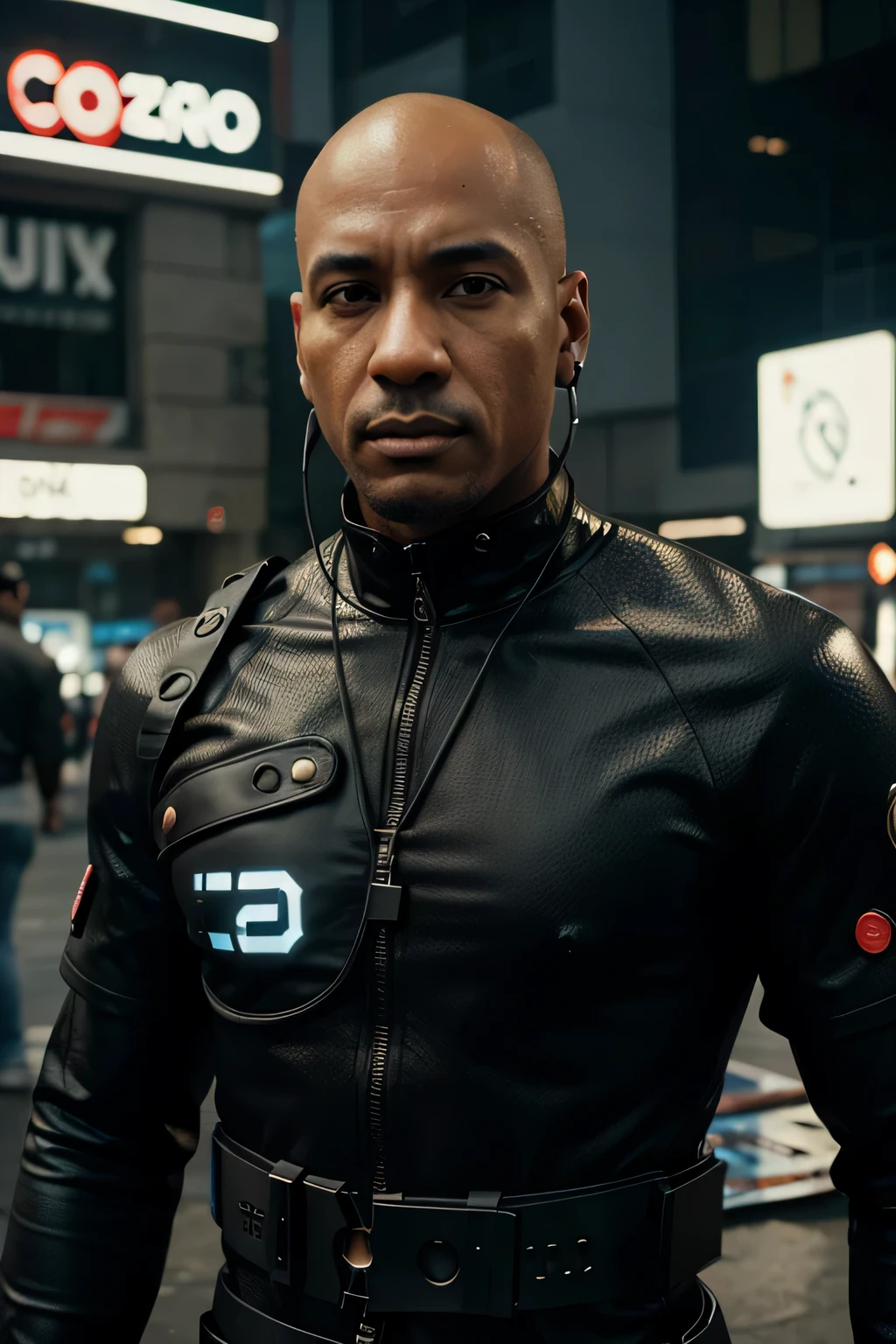 Homem latino negro careca sentado em uma cadeira gamer, brincando com seu telefone com fone de ouvido e roupa futurista estilo cyberpunk, tudo em 8K 3D