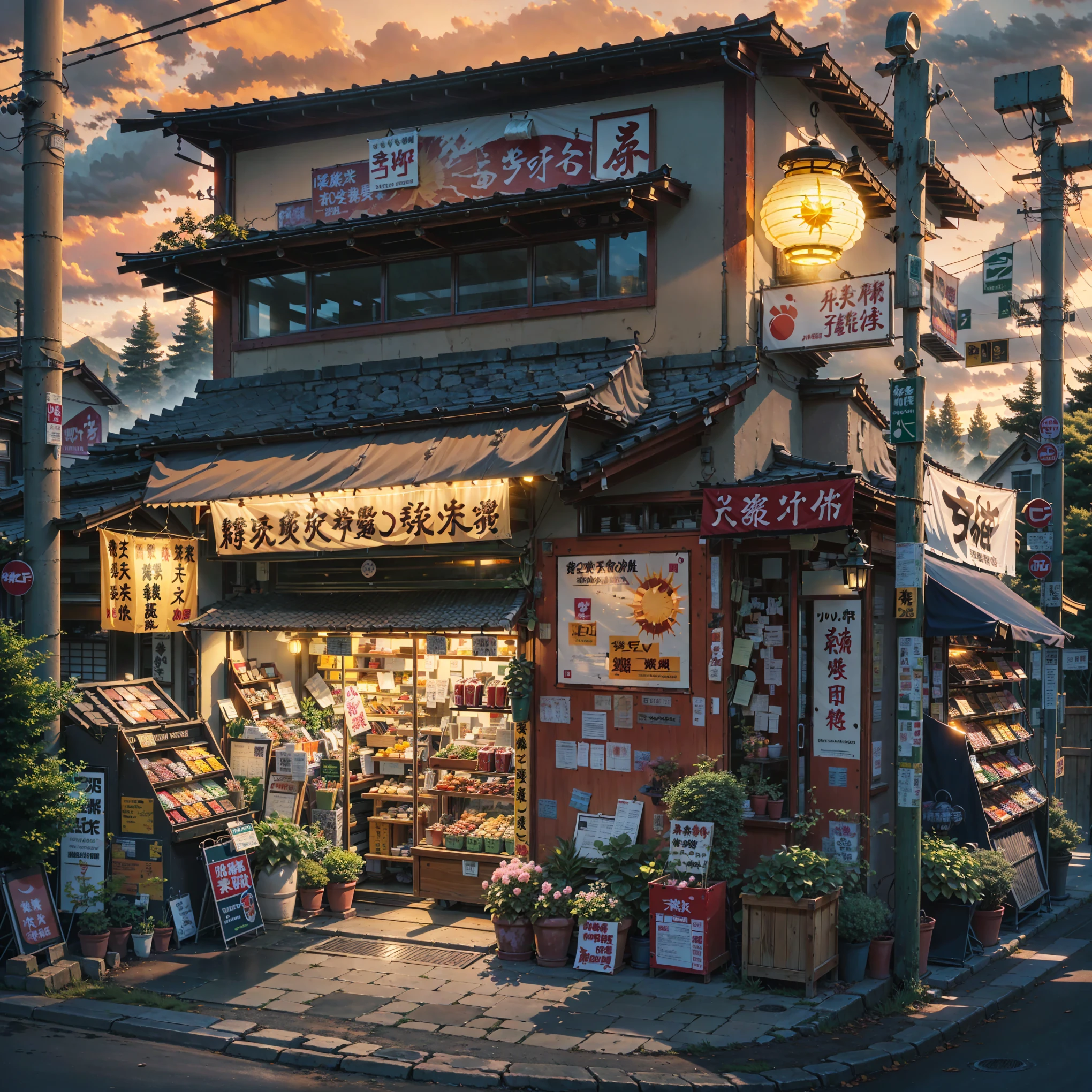 japan, modern Japanese shop by the side of a road in the mountains, modern Japanese architecture, sun-set, sunset, sun set, sun, best quality, (no one: 1), anime, anime style, lofi, dramatic weather, Japanese shop signs, lofi style, vegetation, woods, neon signs, plant pots, lanterns, lamps