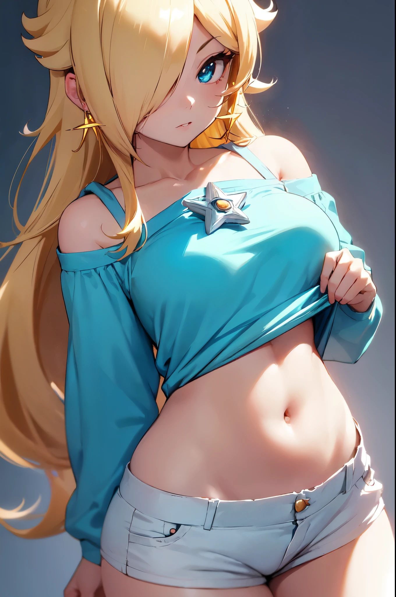 Rosalina, in sleeping white shorts, loose shorts, shorts falling off her body, shorts sliding down her body, showing her groin, blond hair, blue eyes, hair over one eye, long hair, small breasts, very short blue blouse, low waist part of the breasts exposed, blouse lifted showing part of breasts, belly exposed, crown, earrings, jewelry, princess, star earrings, looking at the viewer, best quality, high resolution, (beautiful detailed eyes: 1.6), extremely detailed face, Extremely detailed CG, (perfect hands, perfect anatomy),