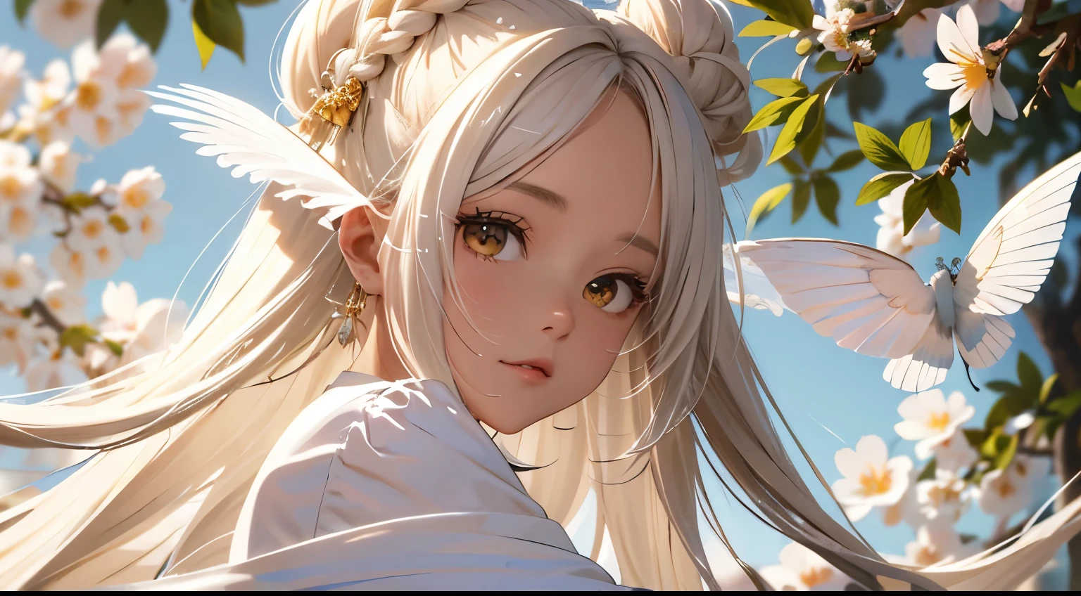 de primera calidad、masterpiece、pelo blanco、Ojo dorado、ropa blanca、admirar a alguien、hebras de cabello、de piel clara、trenza lateral、Fantastic、mystic、(Many fluttering petals)、artistic、pelo largo ondeando al viento、mystic、HIPPHOP、Grande、