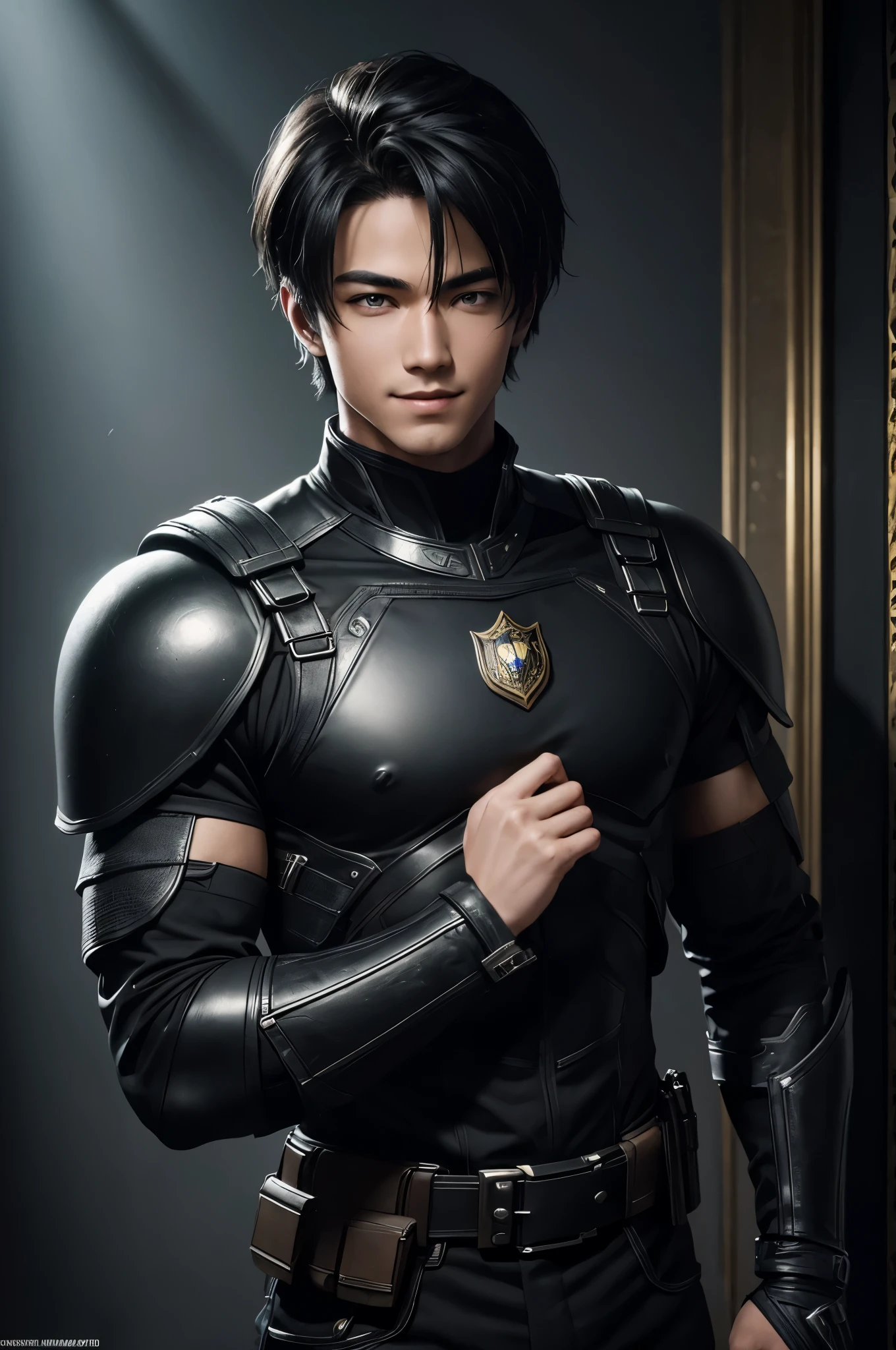 8K,young boy in black combat uniform,super handsome(like the real thing),black combat pants,black eyes,black bob hair,black combat gauntlets,special forces,masterpiece,Photorealistic RAW photos of the highest quality。Backlight, cinematic lighting, film grain, to be born, 50mm lens, Nikon D850,super realistic skin,fantasy art,character art,ultra high resolution,Macho with a muscular slender body,perfect hands,cool smile,Super beautiful teenager,kind eyes,inside the mansion,